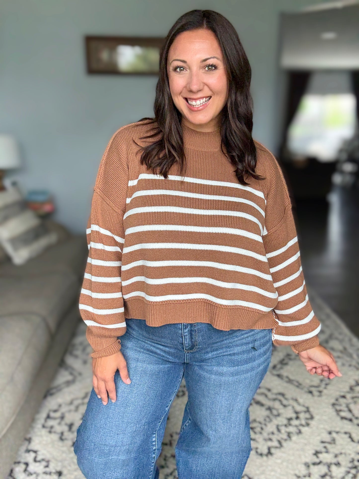 Zenana Exposed Seam Striped Oversized Sweater in Pecan/Camel