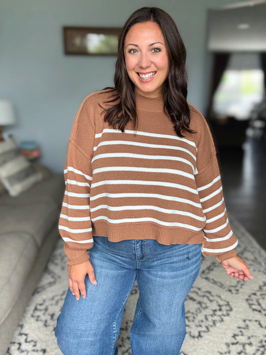 Zenana Exposed Seam Striped Oversized Sweater in Pecan/Camel