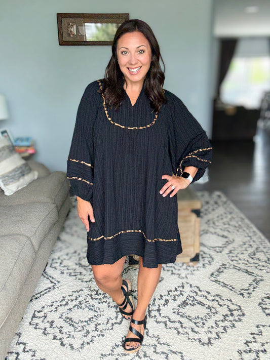 Umgee Full Size Textured Babydoll Dress with Leopard Trim in Black