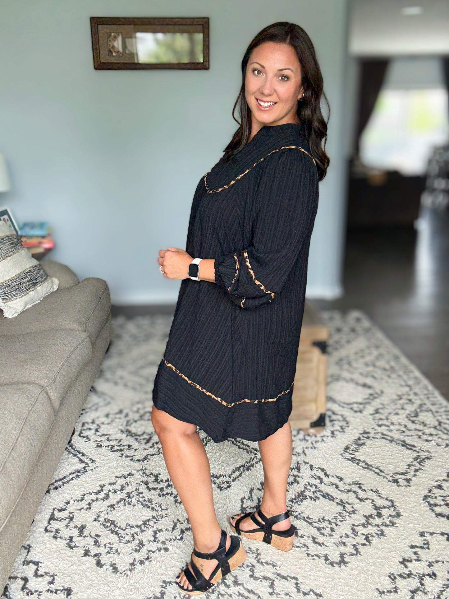 Umgee Full Size Textured Babydoll Dress with Leopard Trim in Black