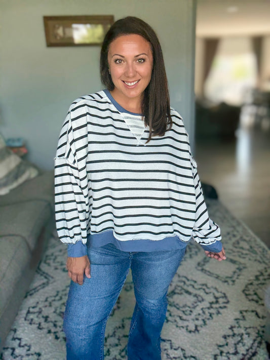 Cute in Comfort Crew Neck Pullover in White, Black and Denim