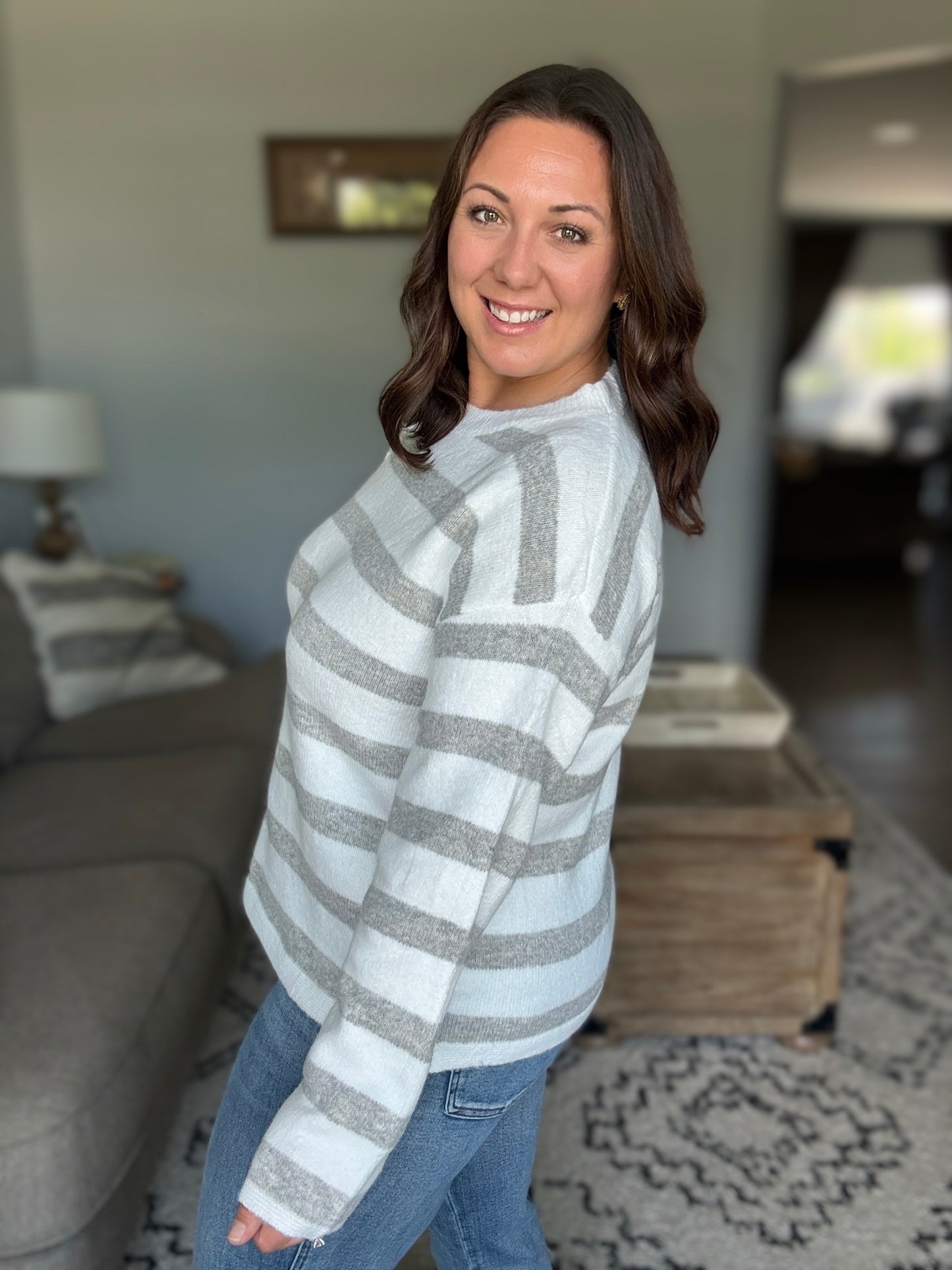 Michelle Mae Cozy Stripe Sweater - Grey and White