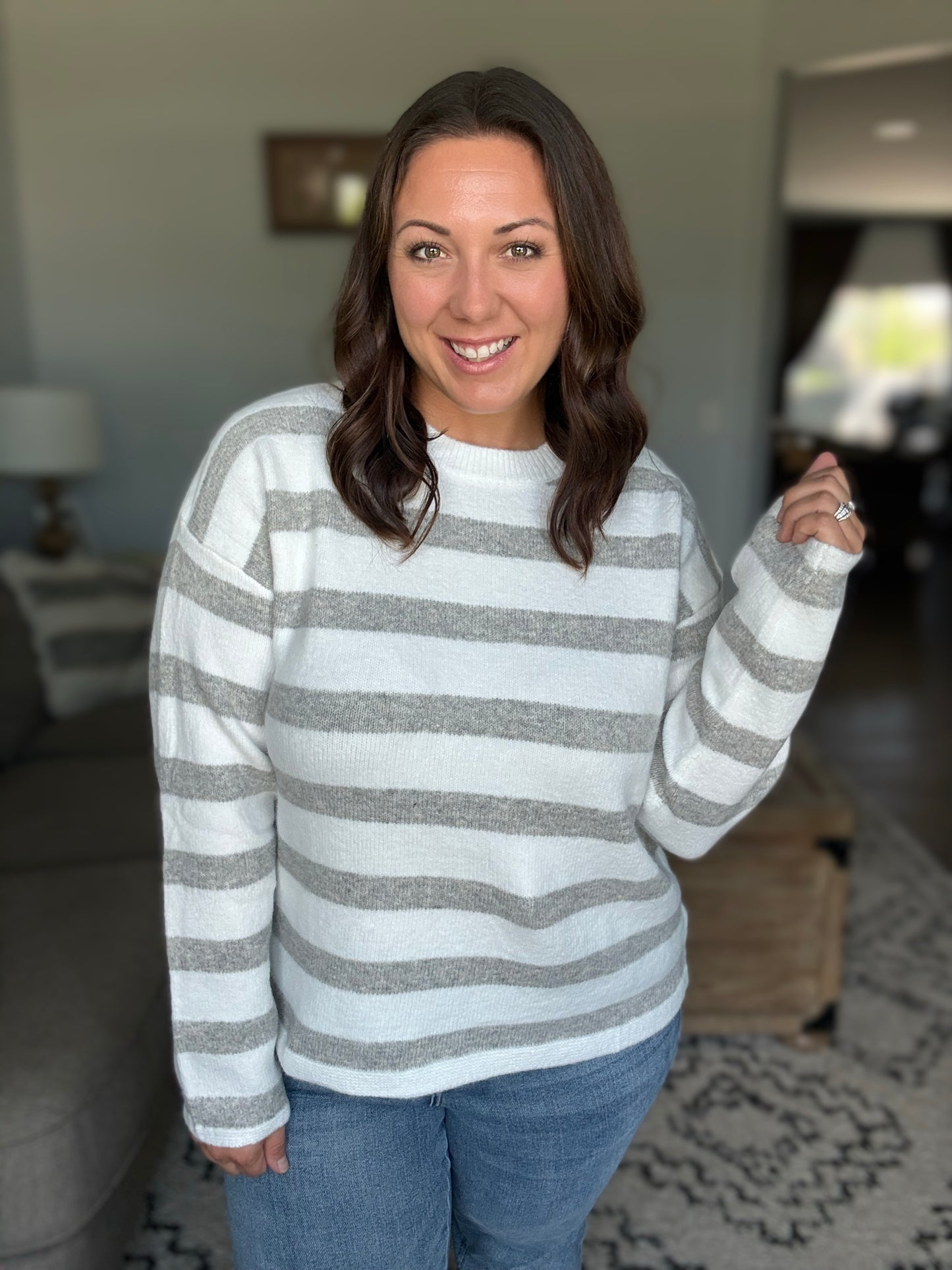 Michelle Mae Cozy Stripe Sweater - Grey and White