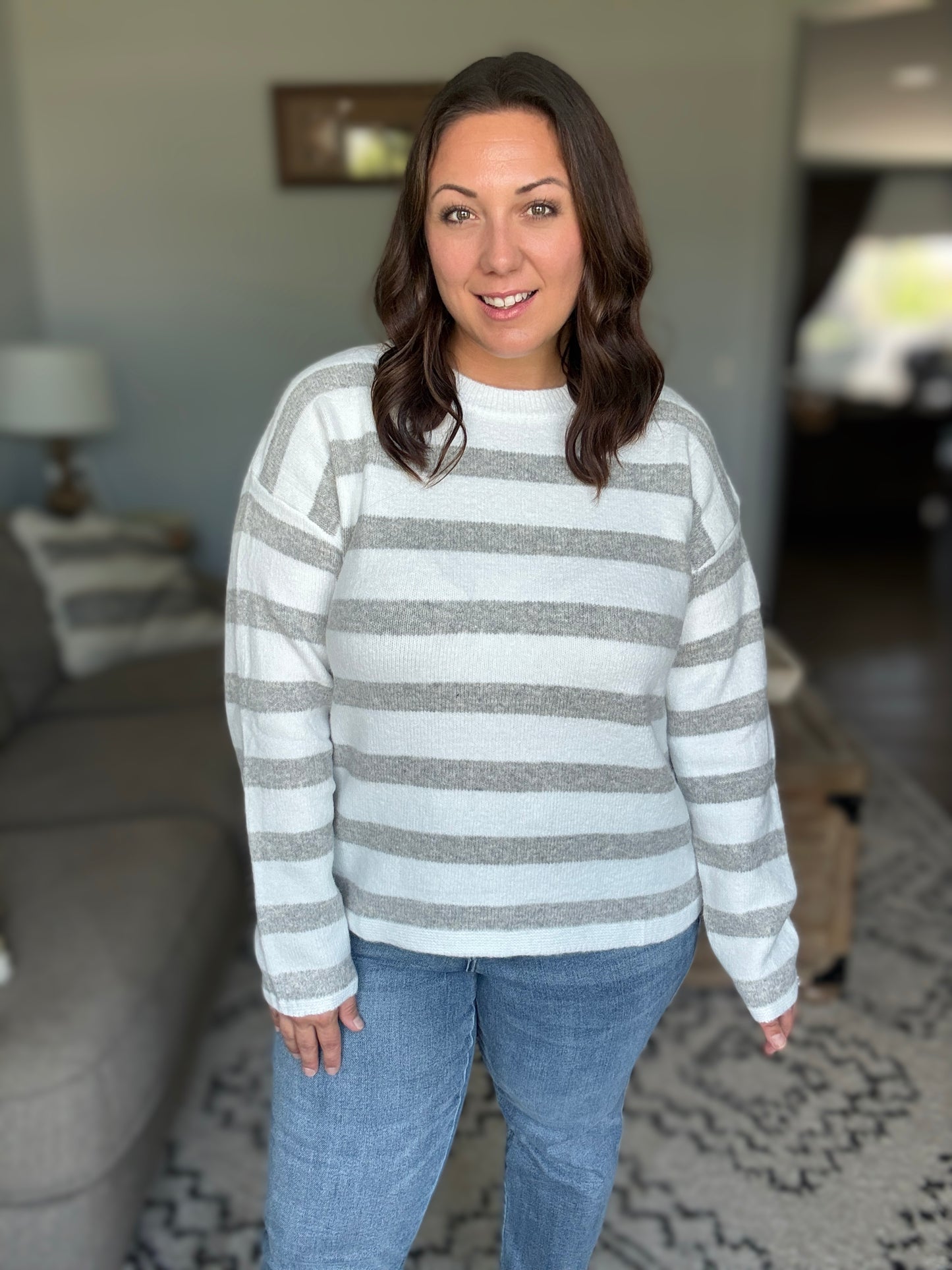 Michelle Mae Cozy Stripe Sweater - Grey and White