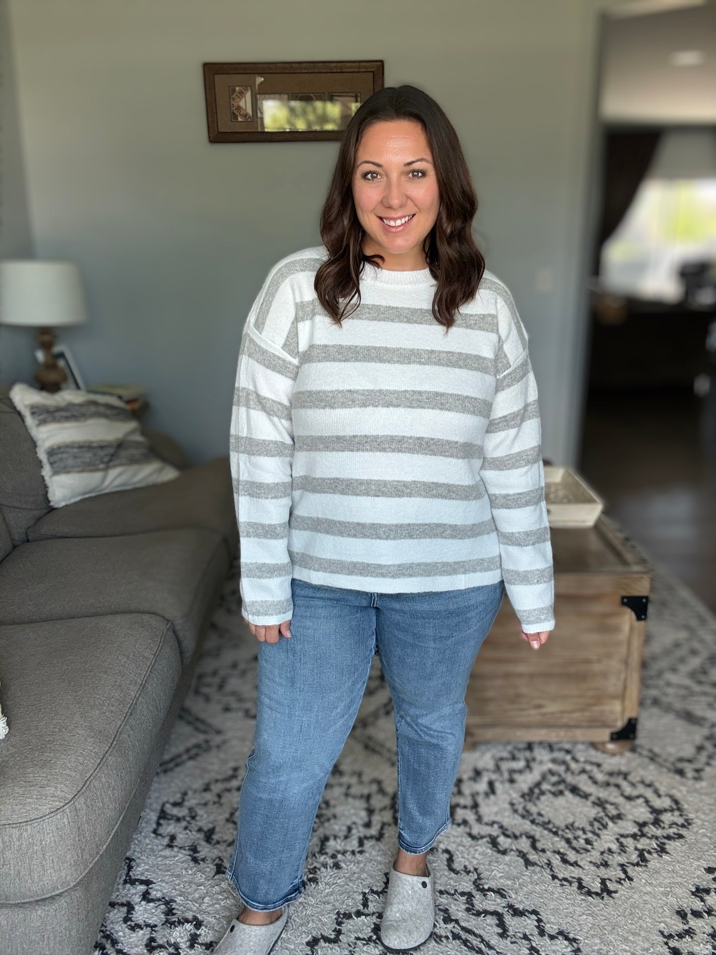 Michelle Mae Cozy Stripe Sweater - Grey and White
