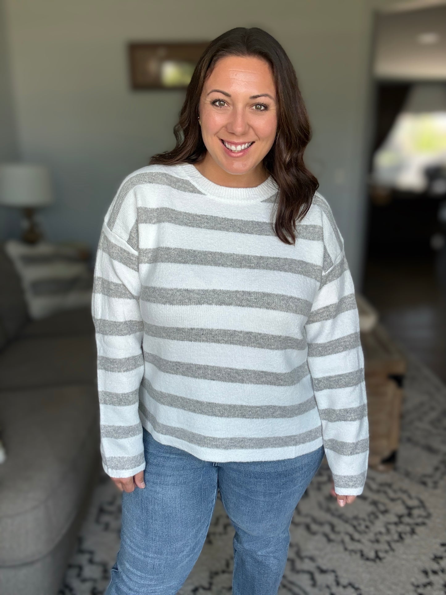 Michelle Mae Cozy Stripe Sweater - Grey and White