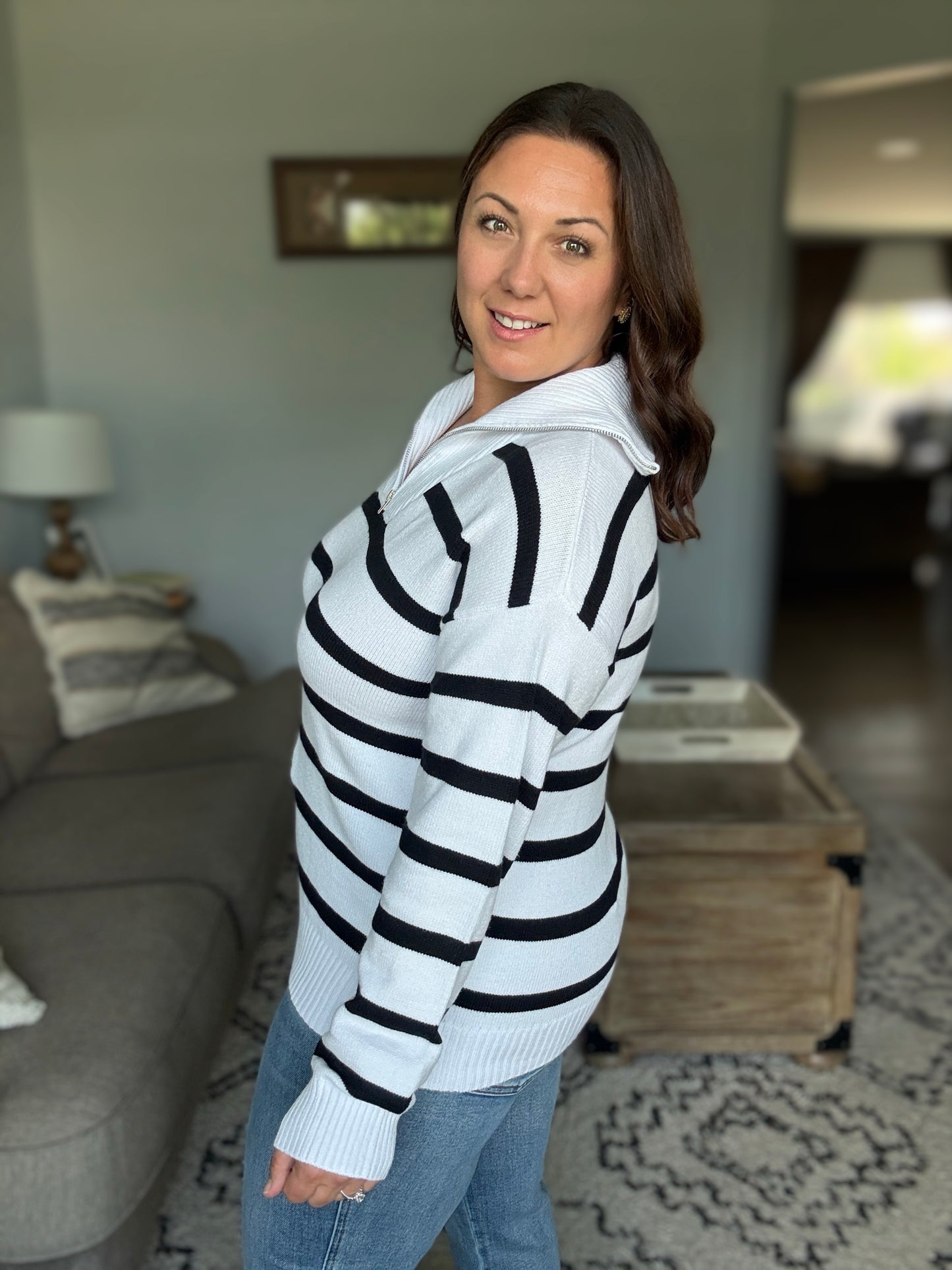 Michelle Mae Quarter Zip Striped Pullover - Black and White