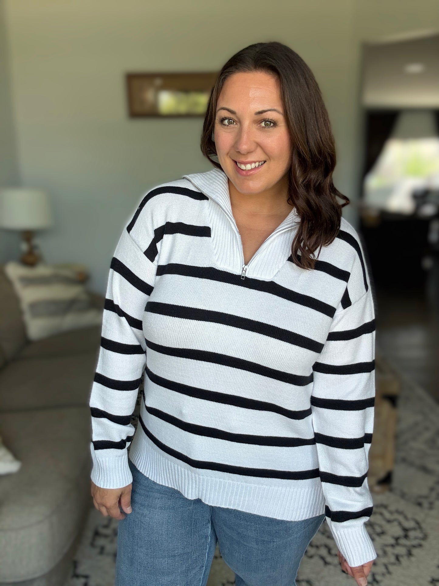 Michelle Mae Quarter Zip Striped Pullover - Black and White