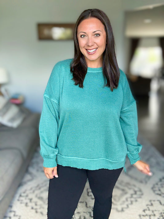 Talk Cozy to Me Stepped Hem Pullover in Dark Green