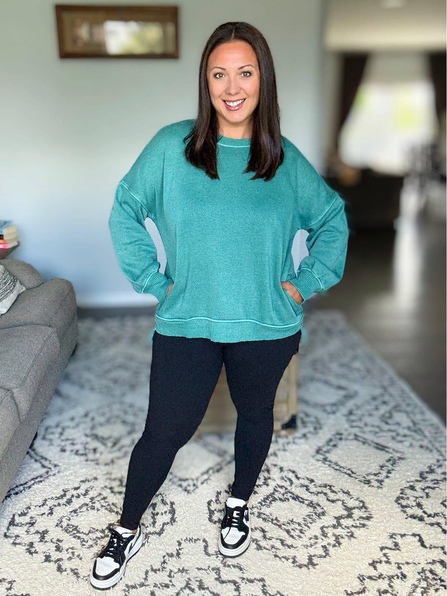 Talk Cozy to Me Stepped Hem Pullover in Dark Green