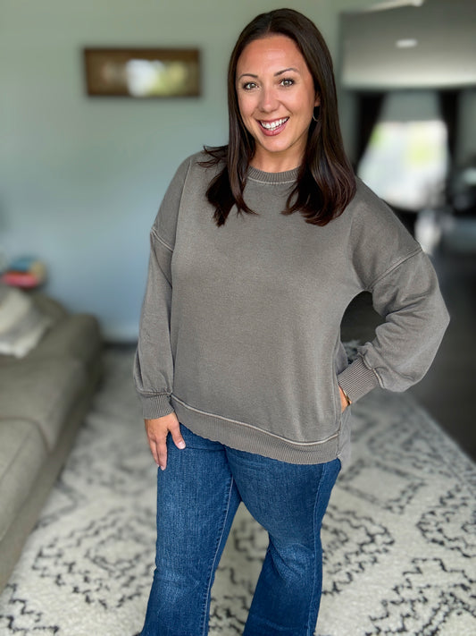 Talk Cozy to Me Stepped Hem Pullover in Brown