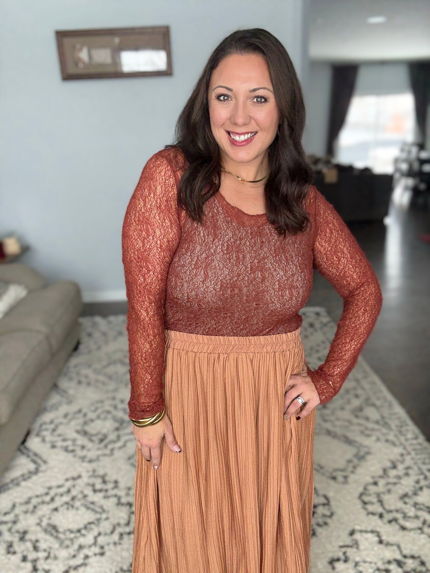 Luxe Lace and Floral Textured Long Sleeve Sheer Top