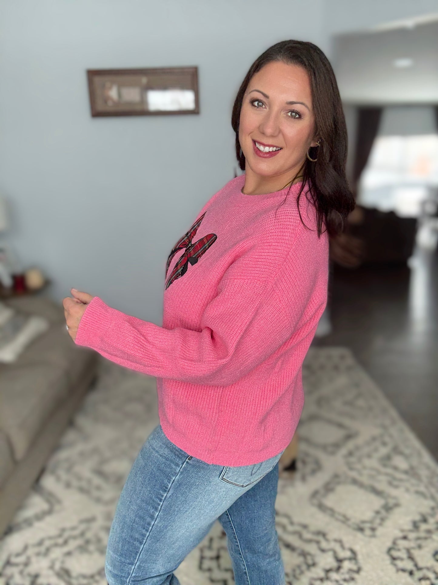 SO ME Pink Tartan Bow Sweater