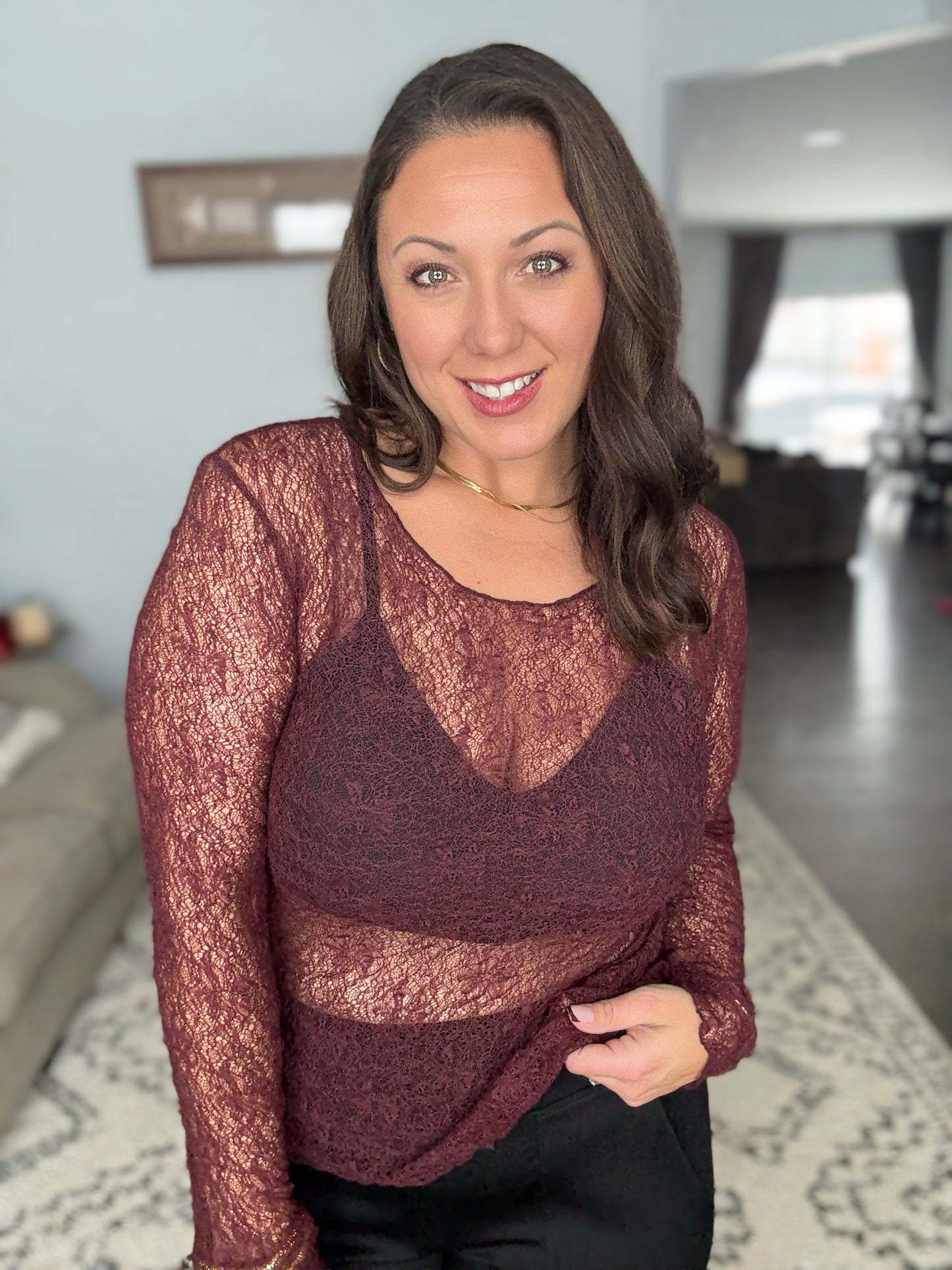 Luxe Lace and Floral Textured Long Sleeve Sheer Top