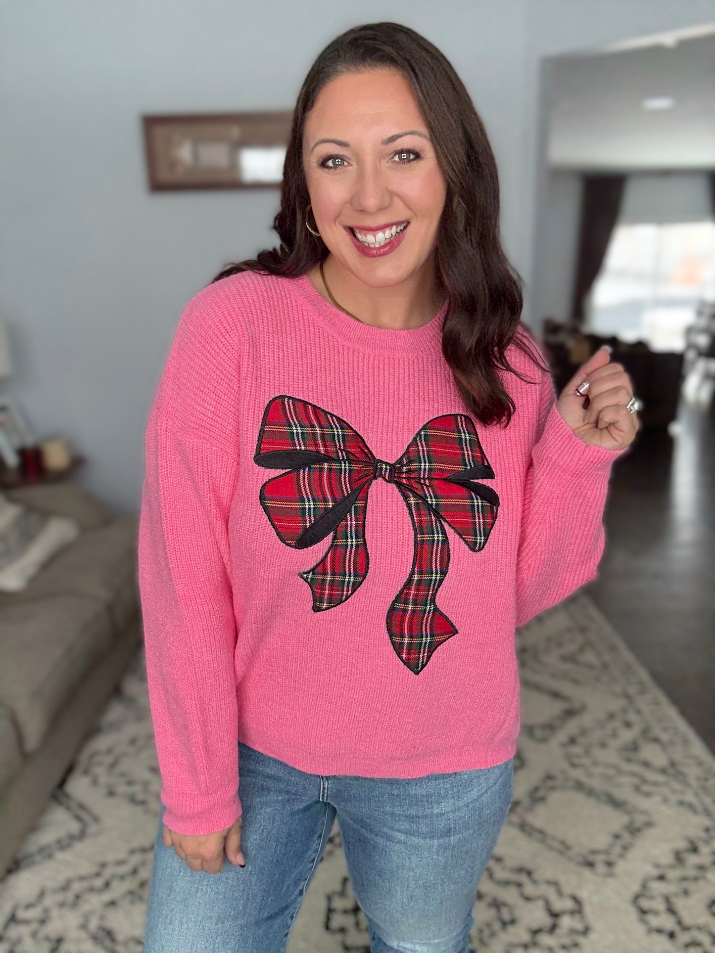 SO ME Pink Tartan Bow Sweater