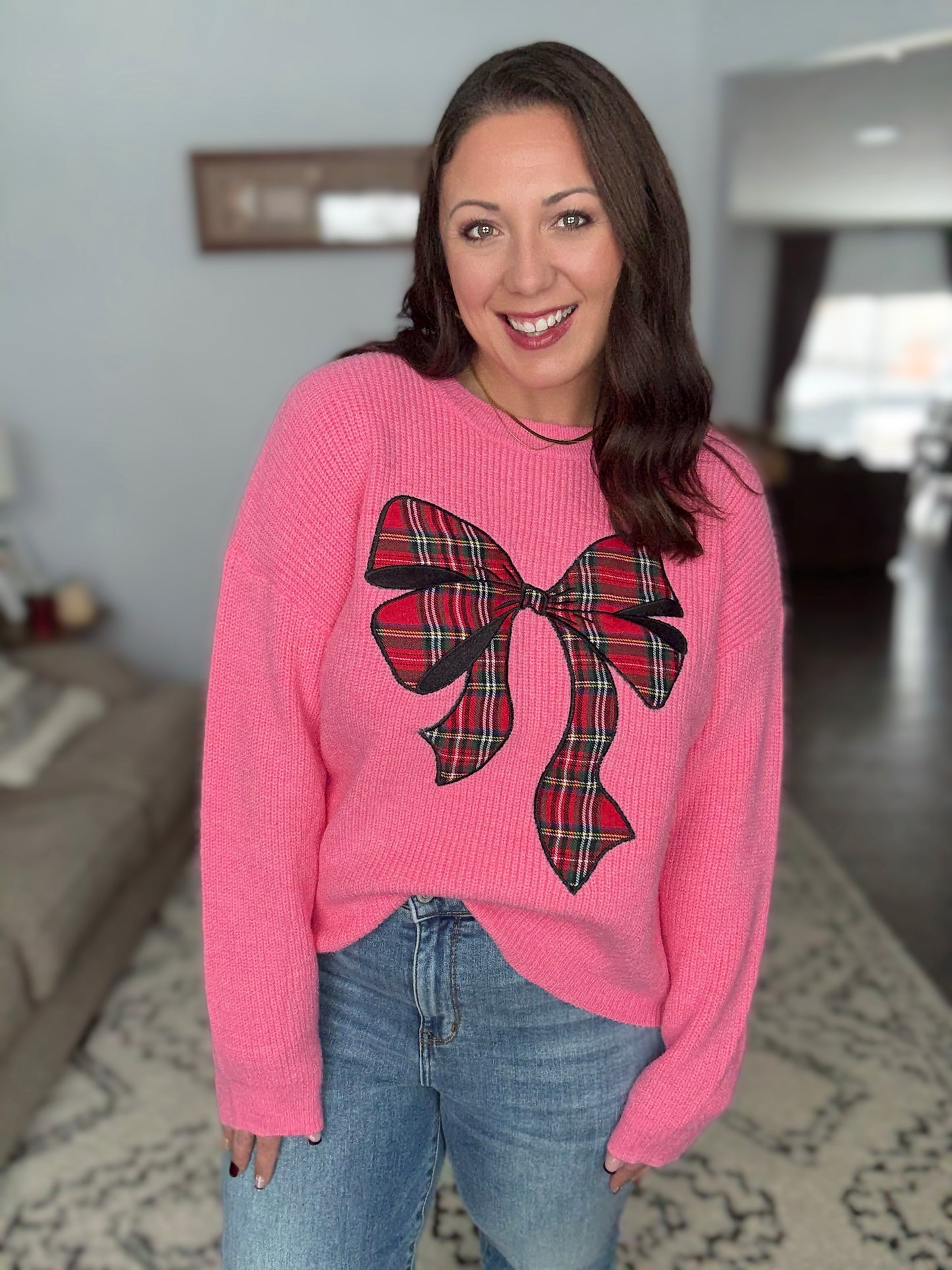 SO ME Pink Tartan Bow Sweater