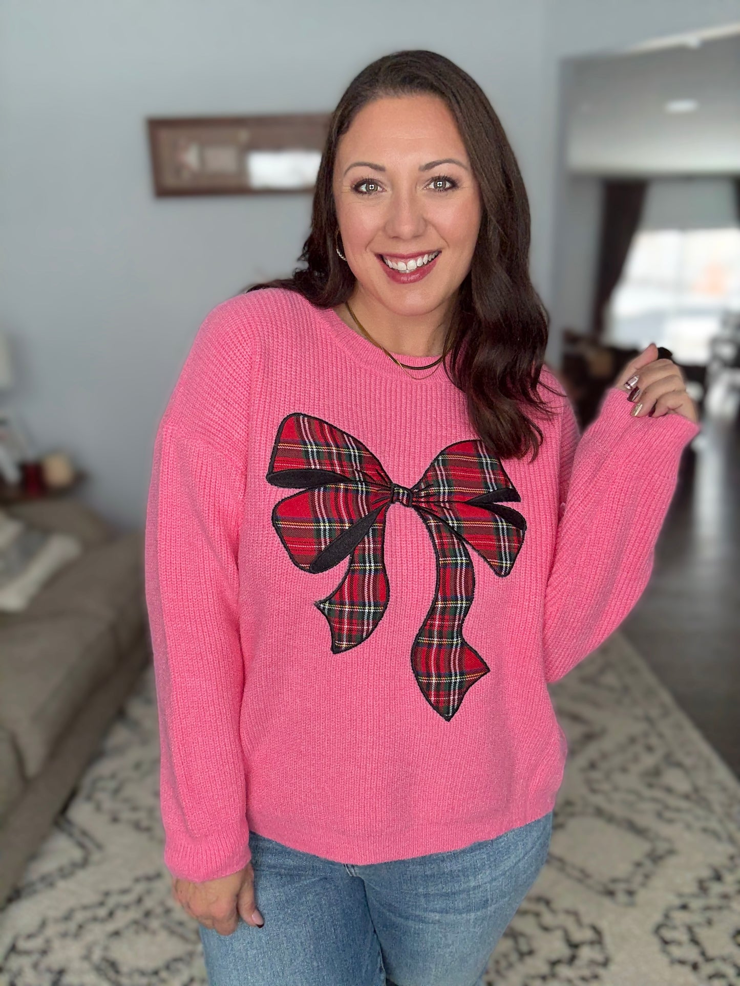 SO ME Pink Tartan Bow Sweater