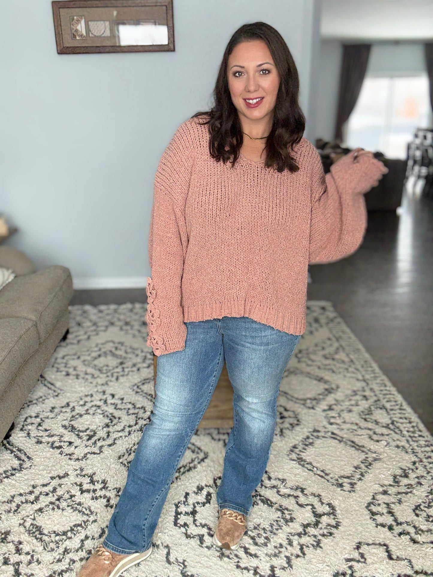 BiBi Chunky Knit Sweater with Flower Detail Sleeves