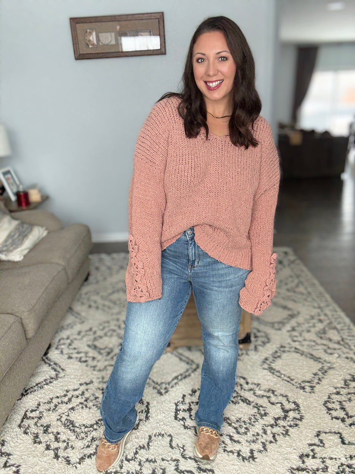 BiBi Chunky Knit Sweater with Flower Detail Sleeves