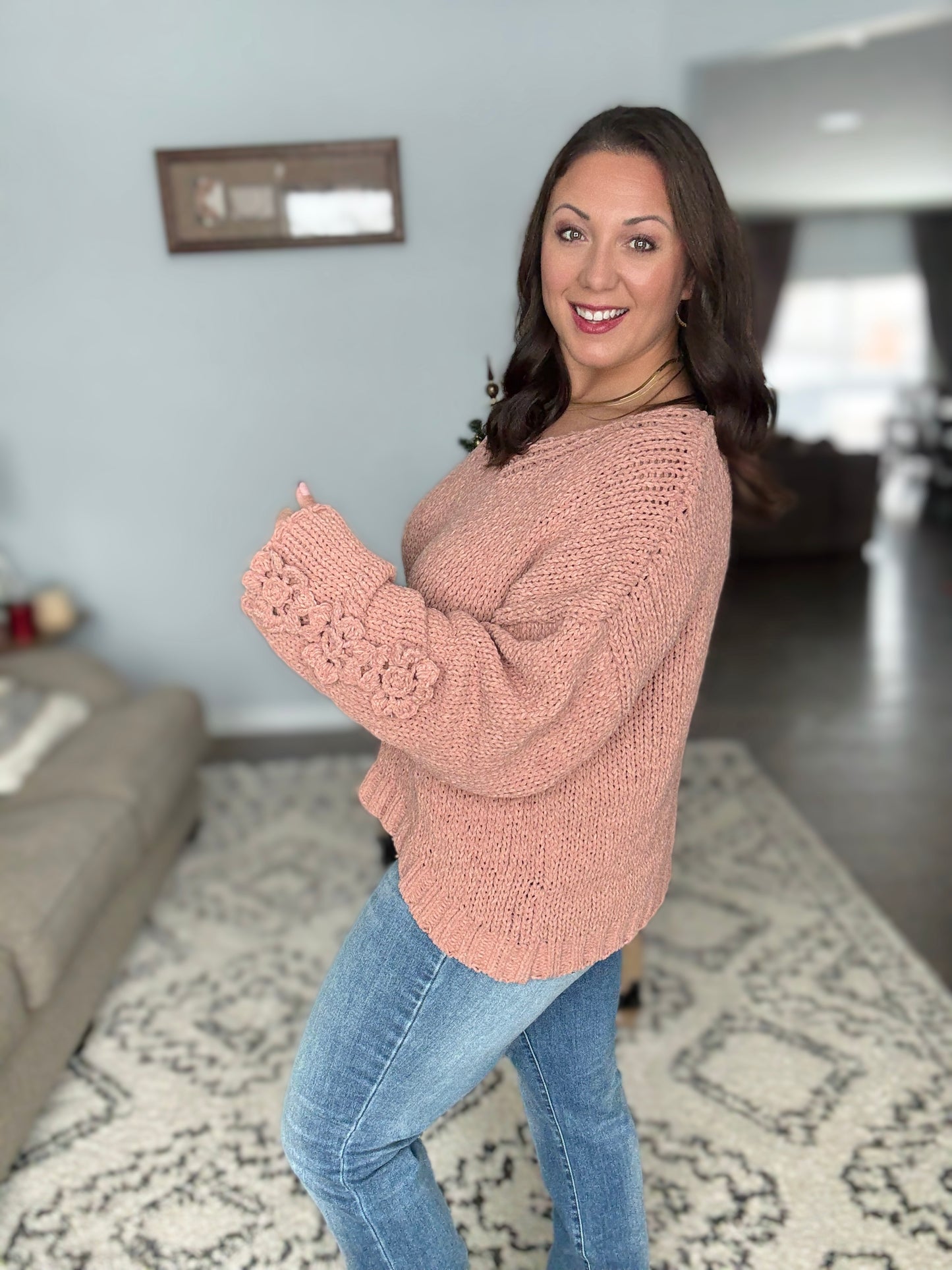 BiBi Chunky Knit Sweater with Flower Detail Sleeves