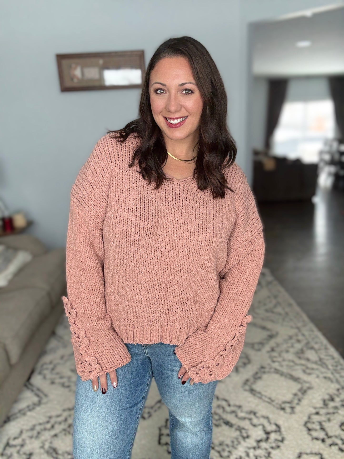 BiBi Chunky Knit Sweater with Flower Detail Sleeves