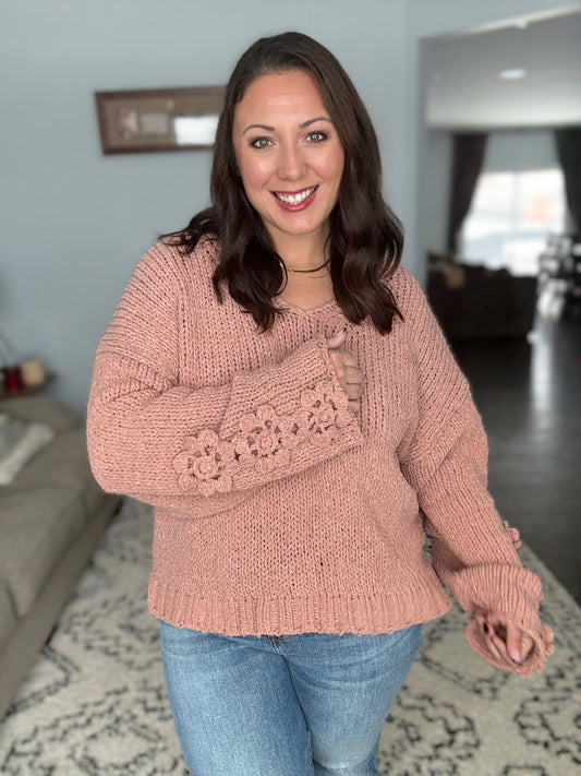 BiBi Chunky Knit Sweater with Flower Detail Sleeves