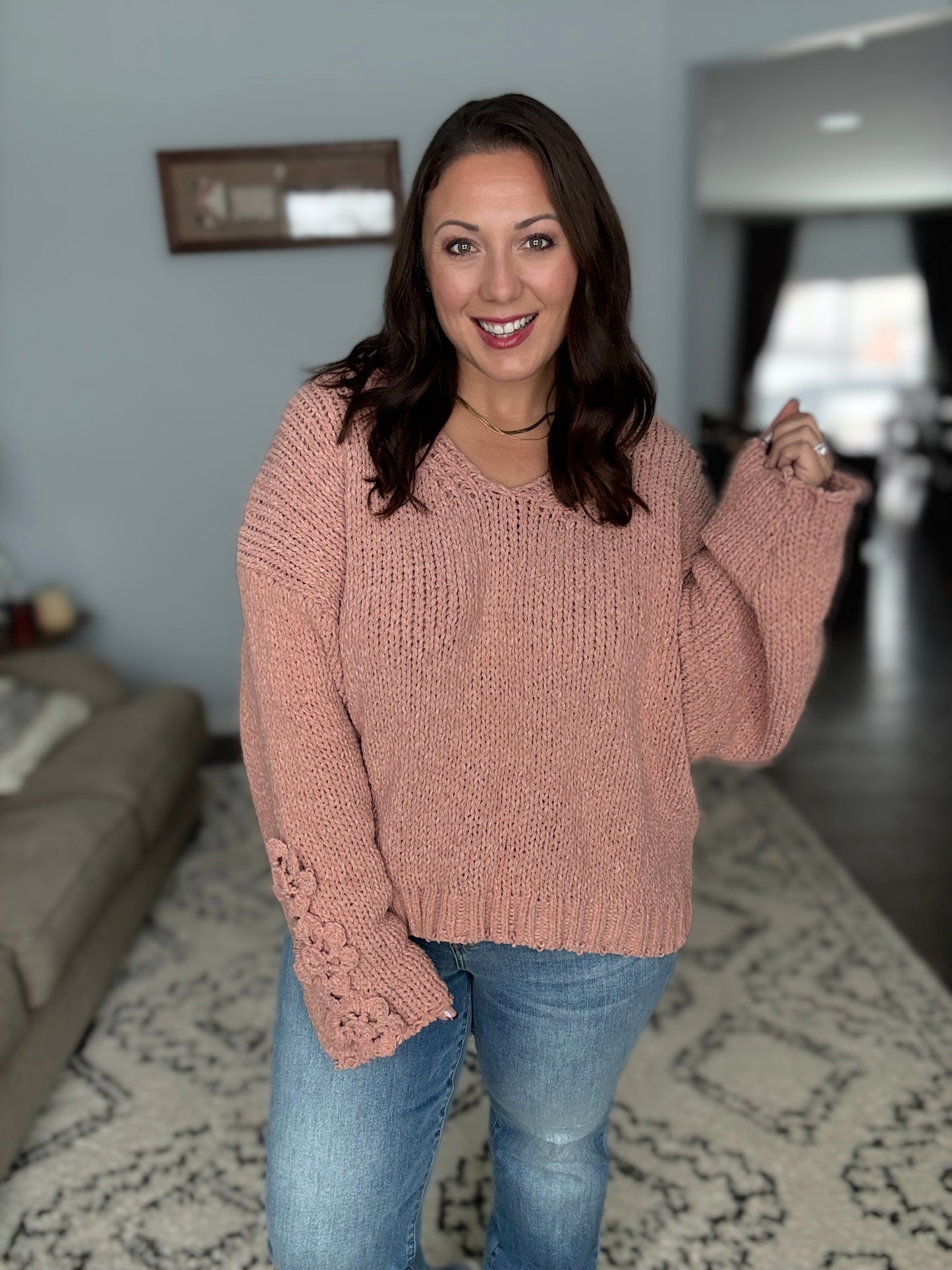 BiBi Chunky Knit Sweater with Flower Detail Sleeves