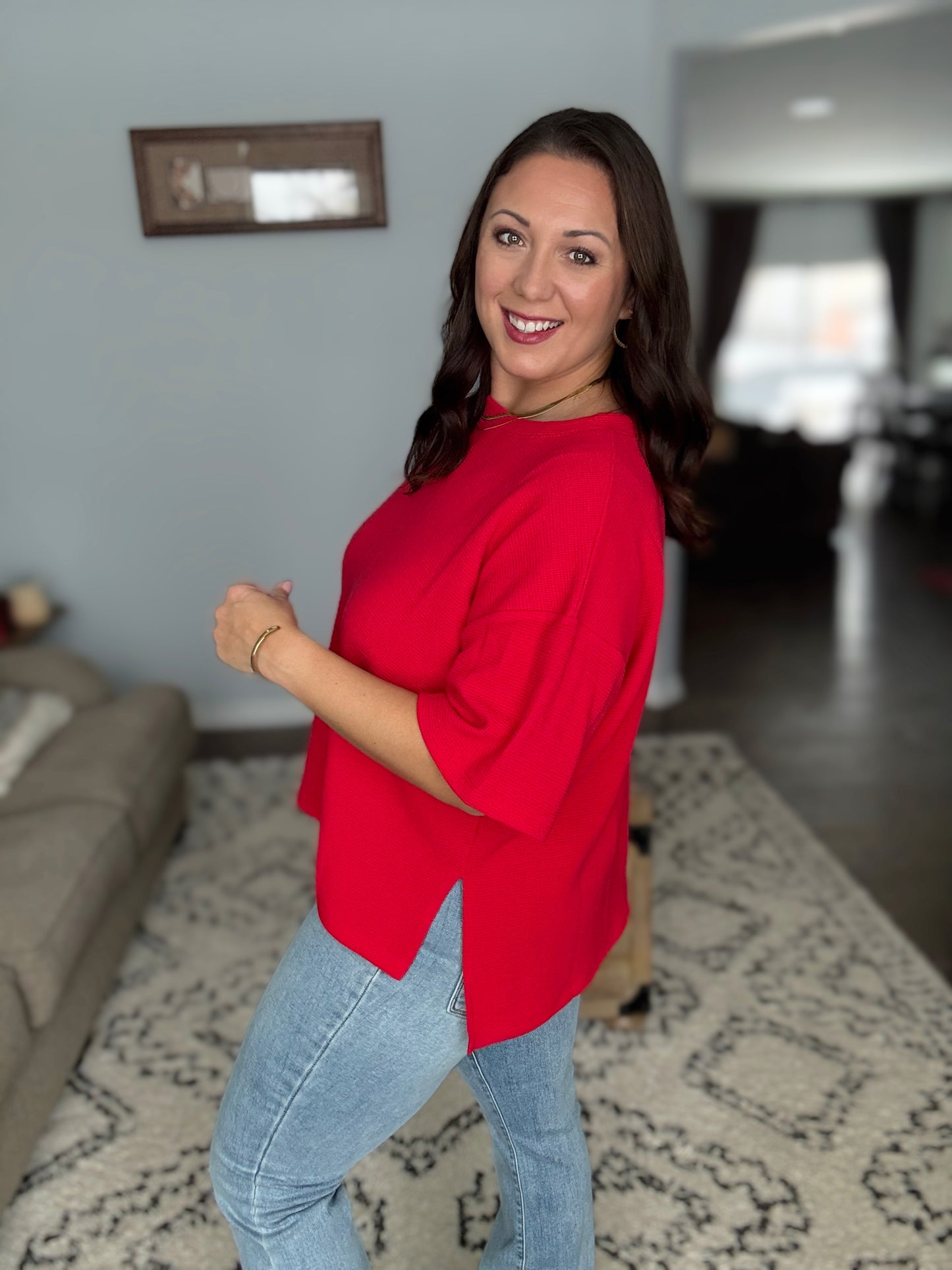 Zenana Thermal Boxy Tee with Side Slits in Ruby