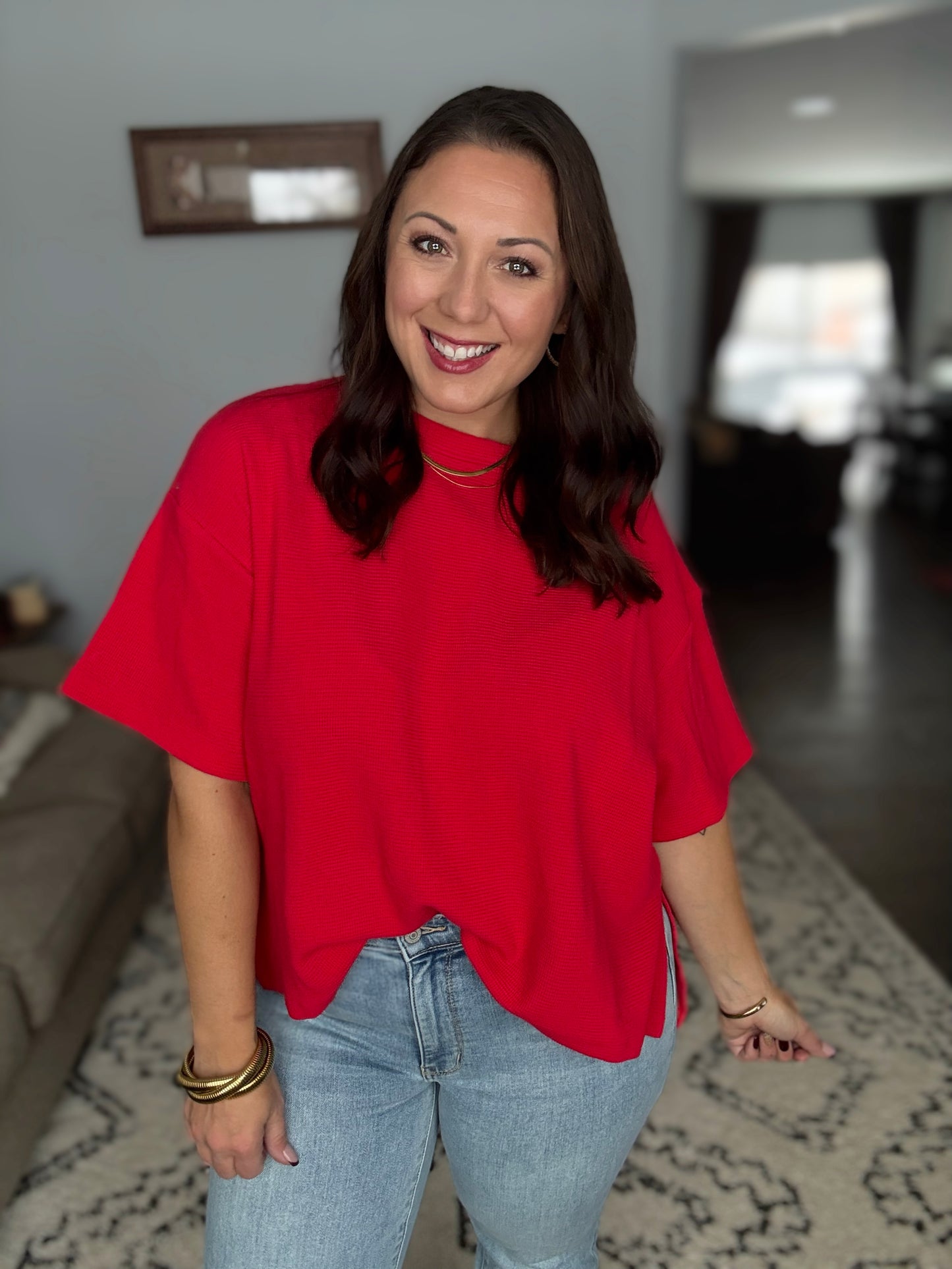 Zenana Thermal Boxy Tee with Side Slits in Ruby