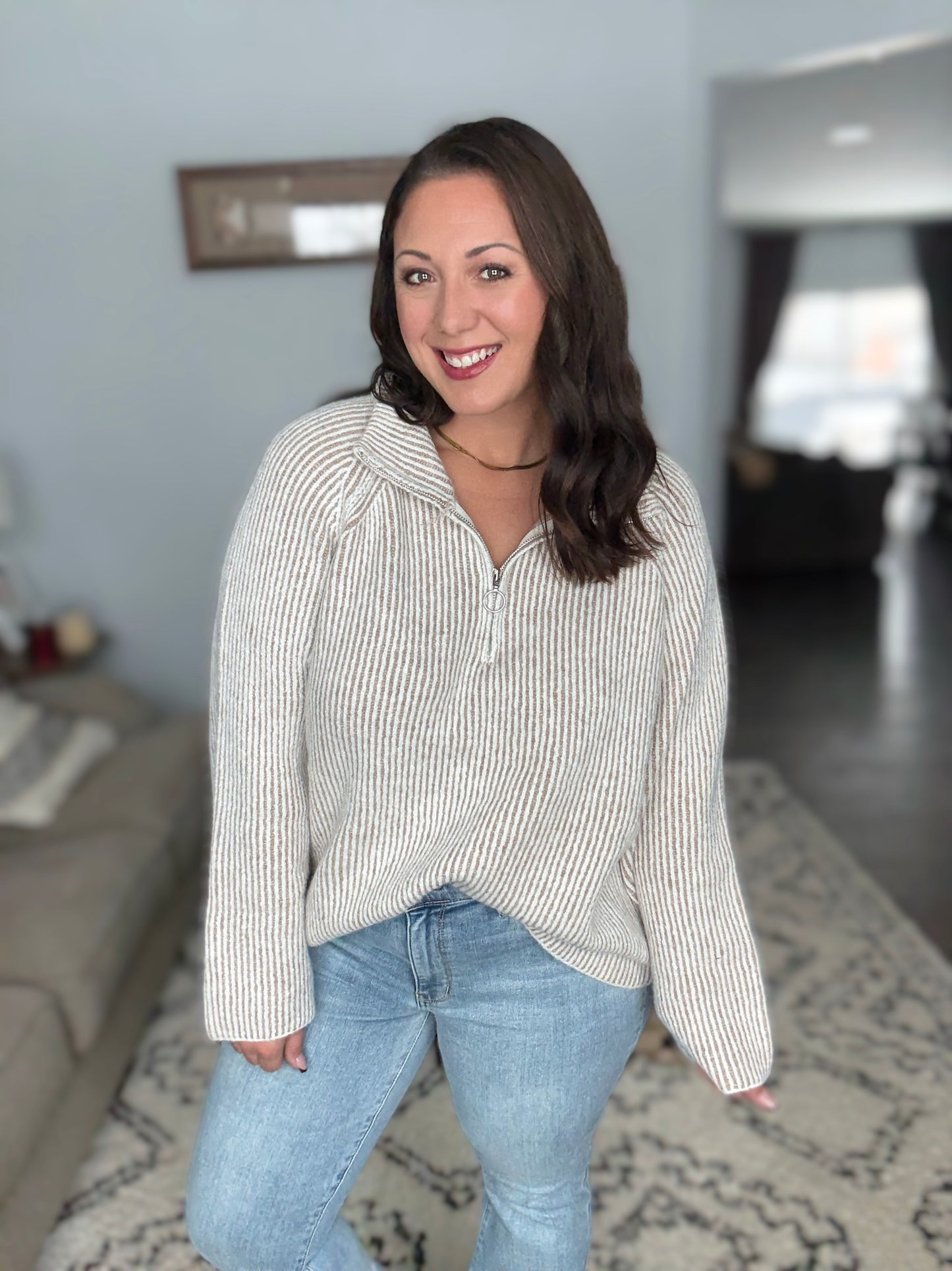 BiBi Two Tone Rib Texured Knit Collared Top with Zip Up in Light Taupe