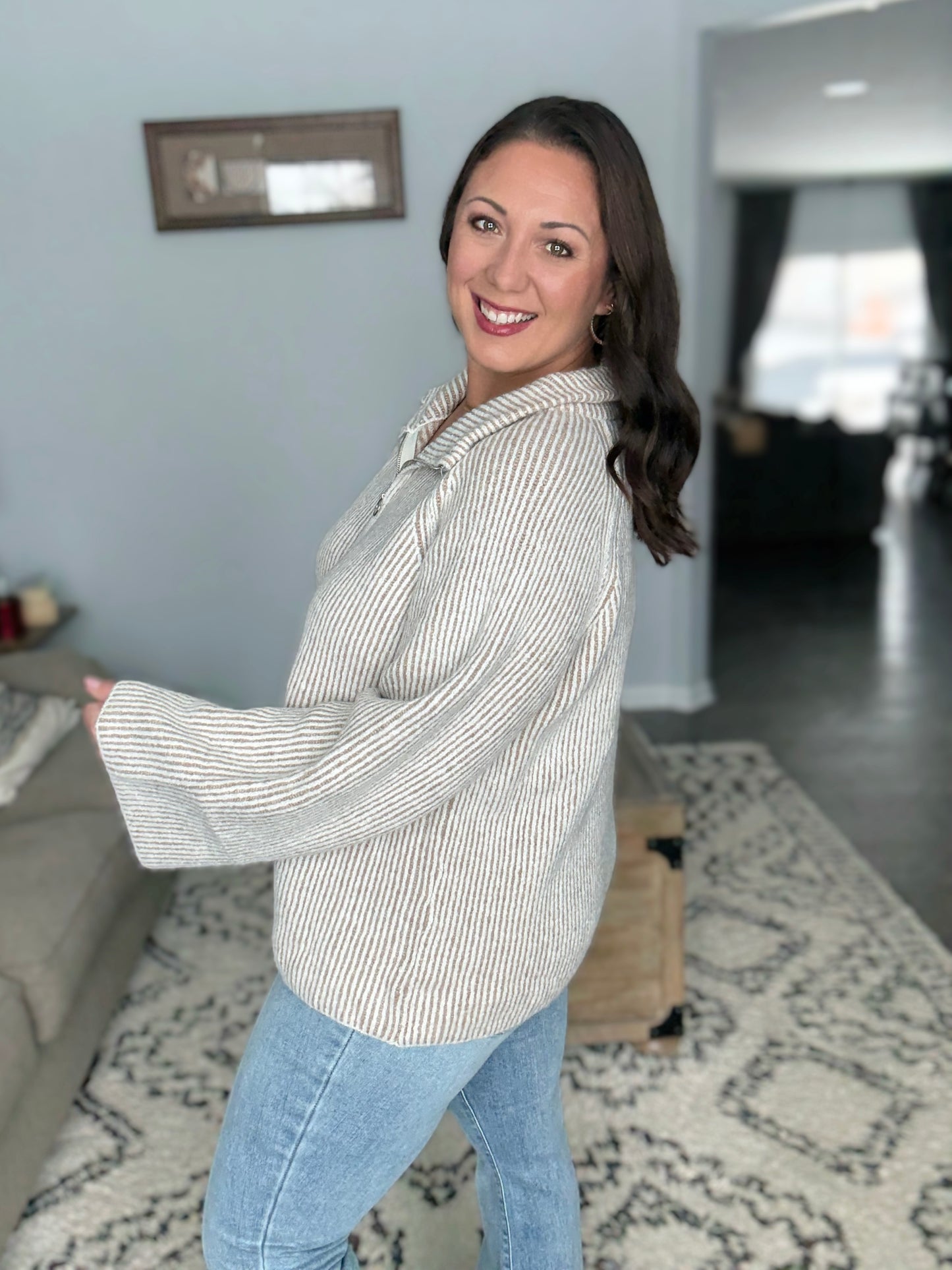 BiBi Two Tone Rib Texured Knit Collared Top with Zip Up in Light Taupe