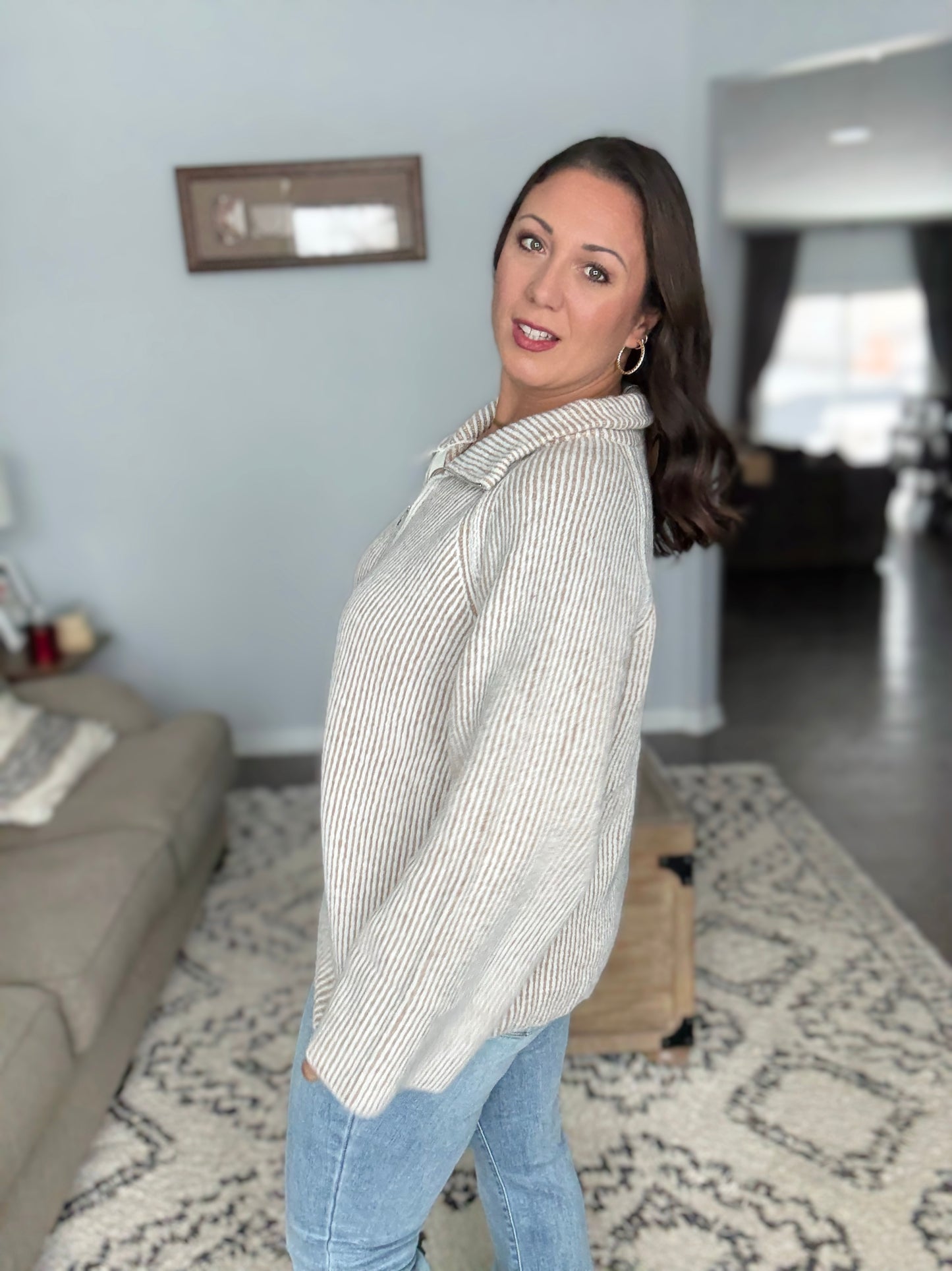 BiBi Two Tone Rib Texured Knit Collared Top with Zip Up in Light Taupe