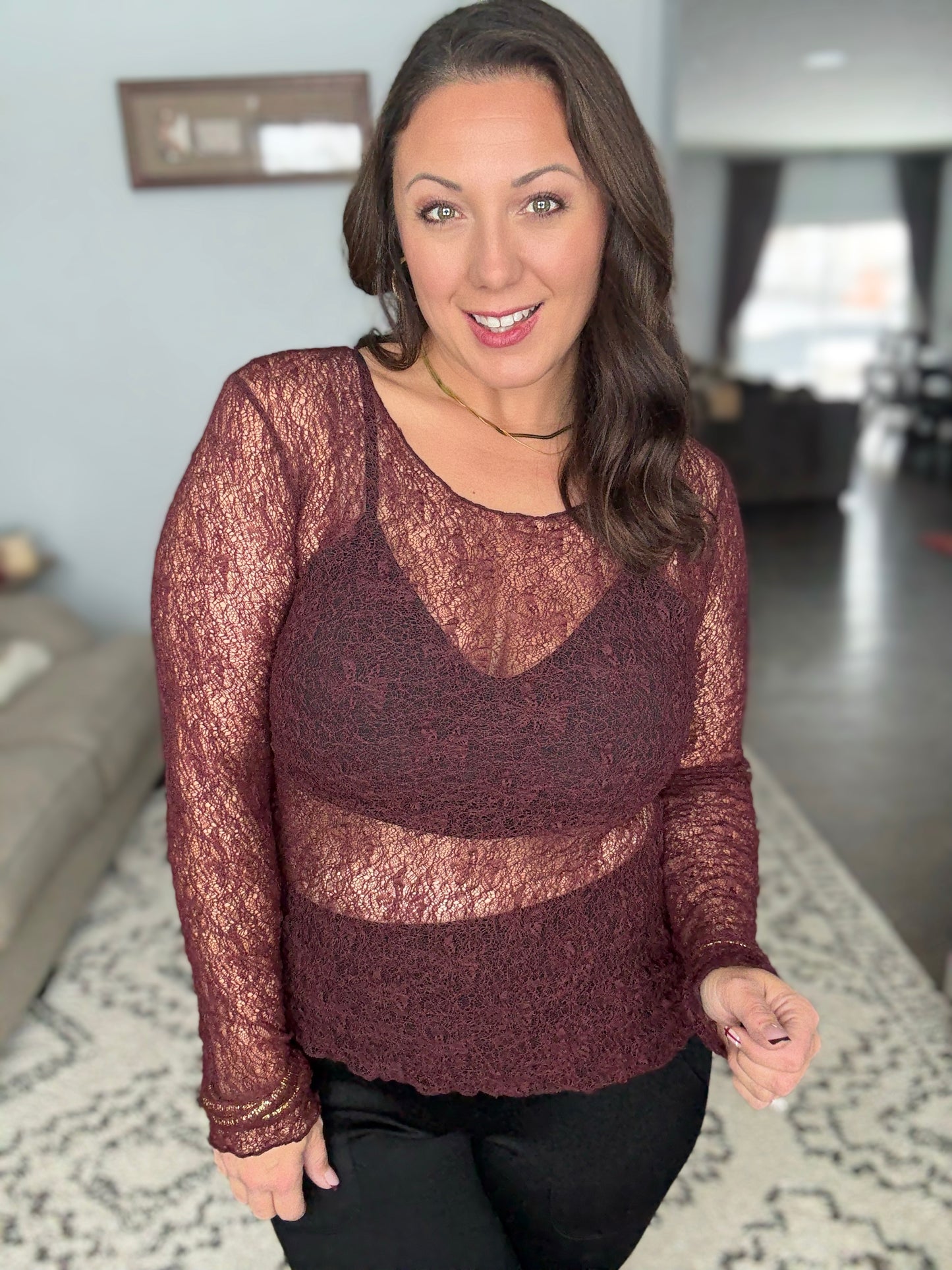 Luxe Lace and Floral Textured Long Sleeve Sheer Top