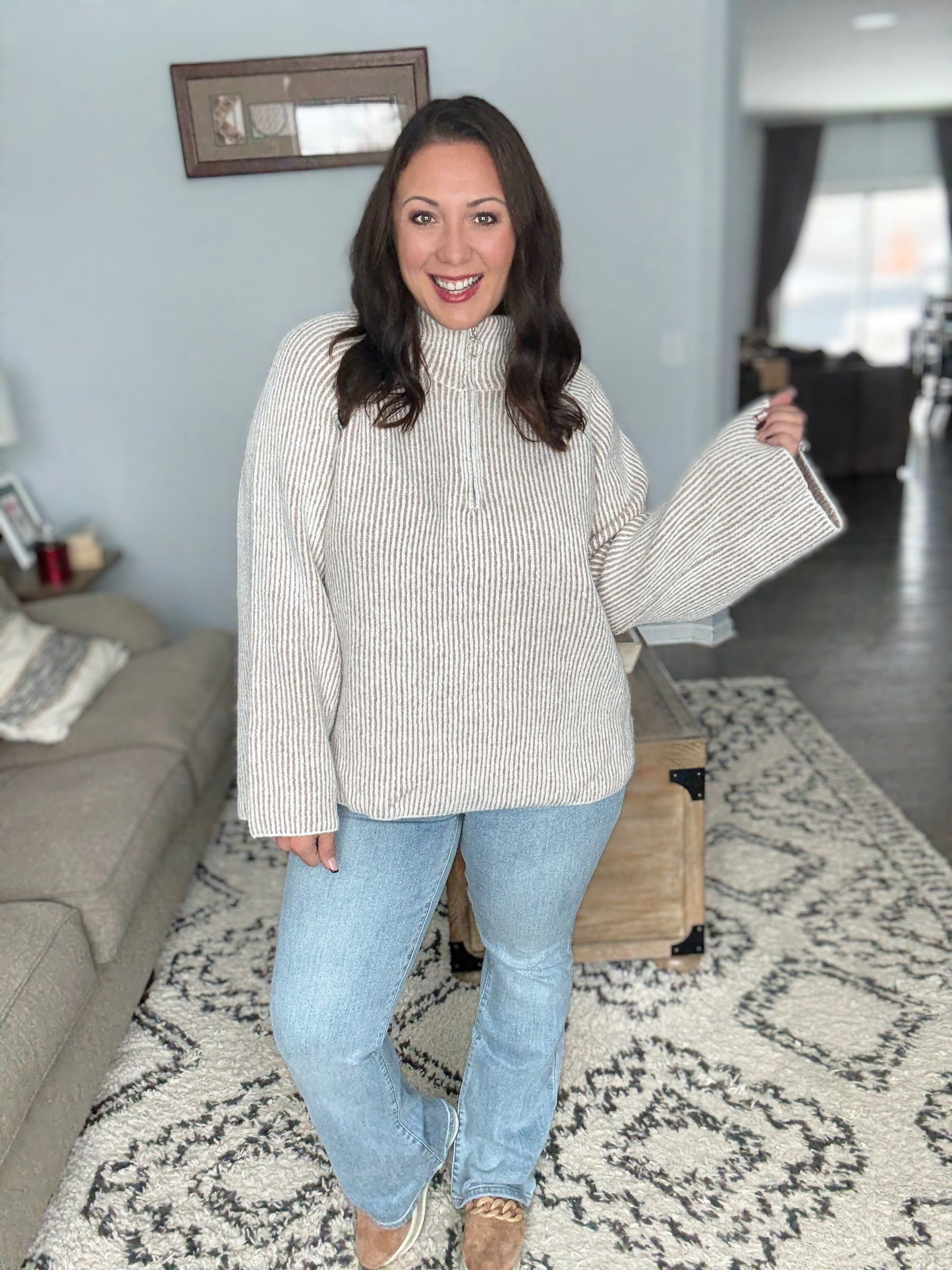 BiBi Two Tone Rib Texured Knit Collared Top with Zip Up in Light Taupe