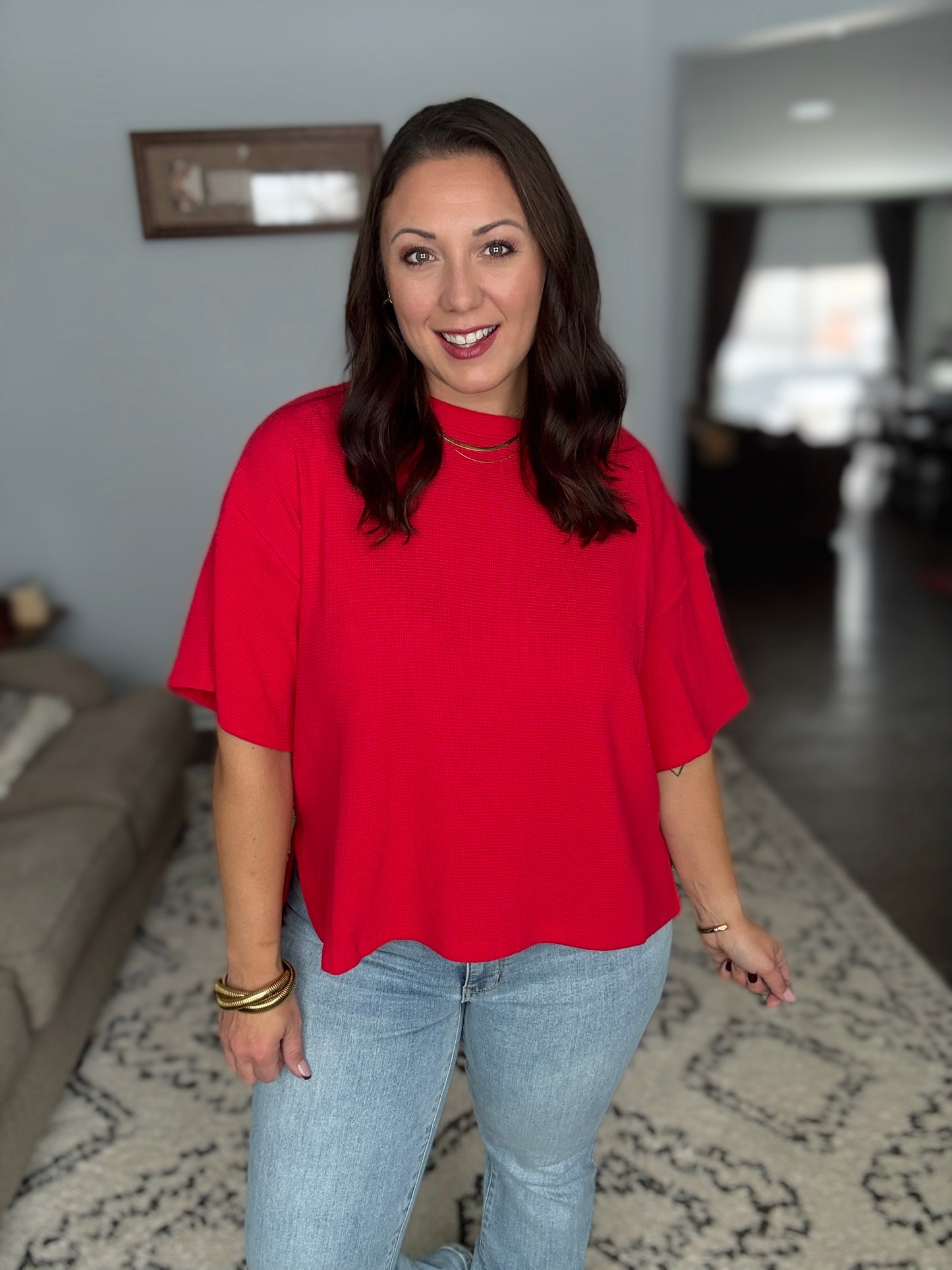 Zenana Thermal Boxy Tee with Side Slits in Ruby