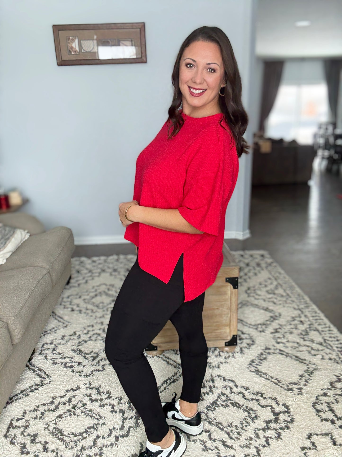 Zenana Thermal Boxy Tee with Side Slits in Ruby