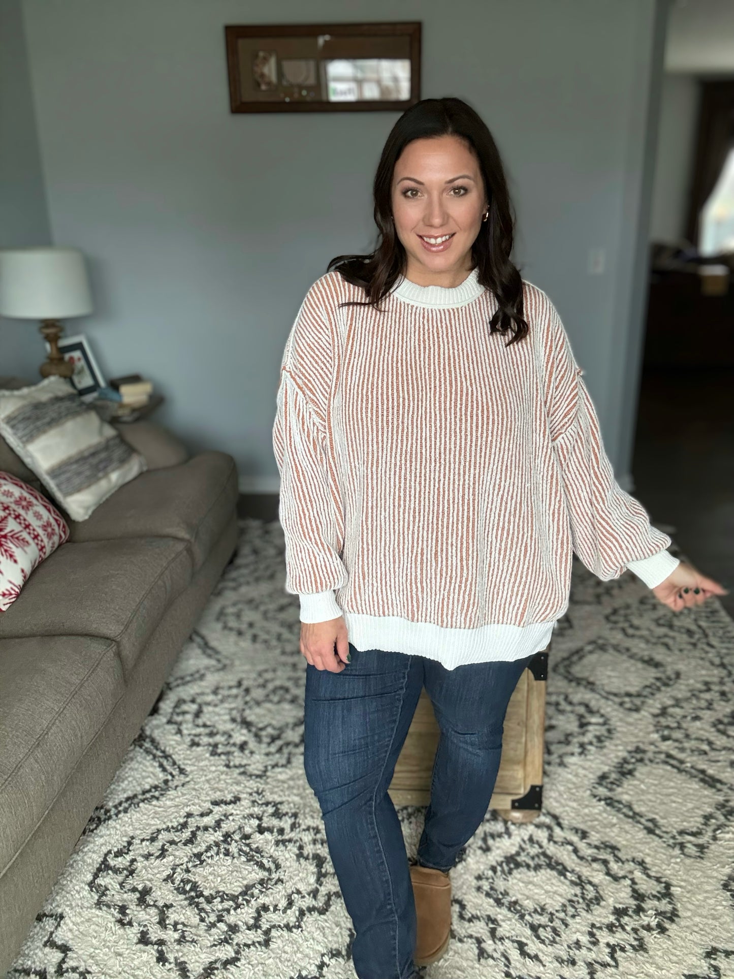 Least High Maintenance Contrast Trim Sweater in Camel