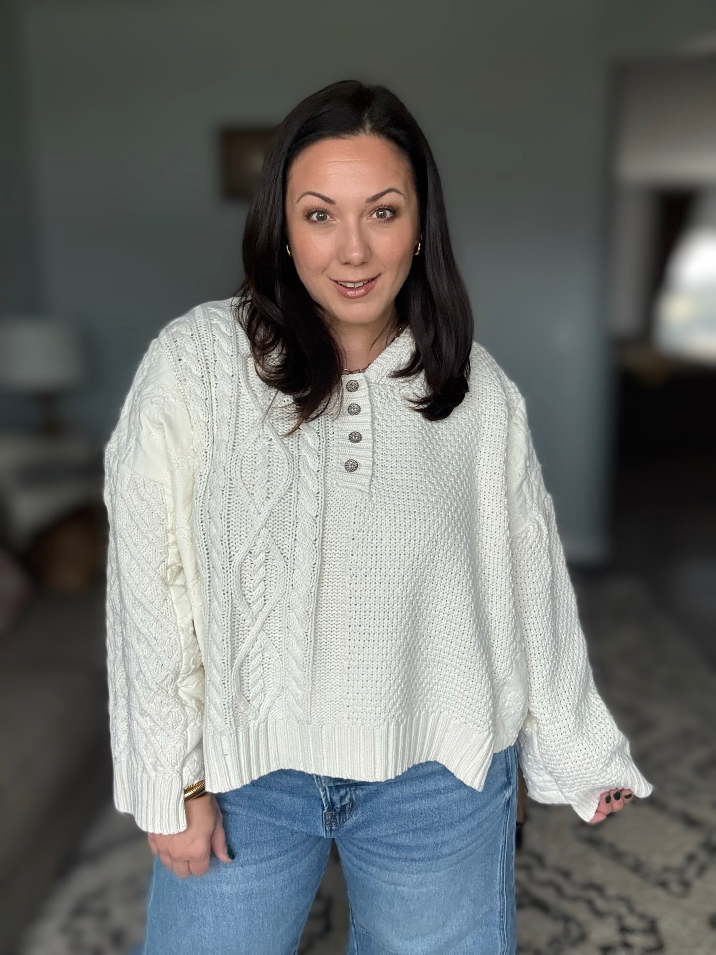 POL Cable-Knit Quarter Button Hooded Sweater