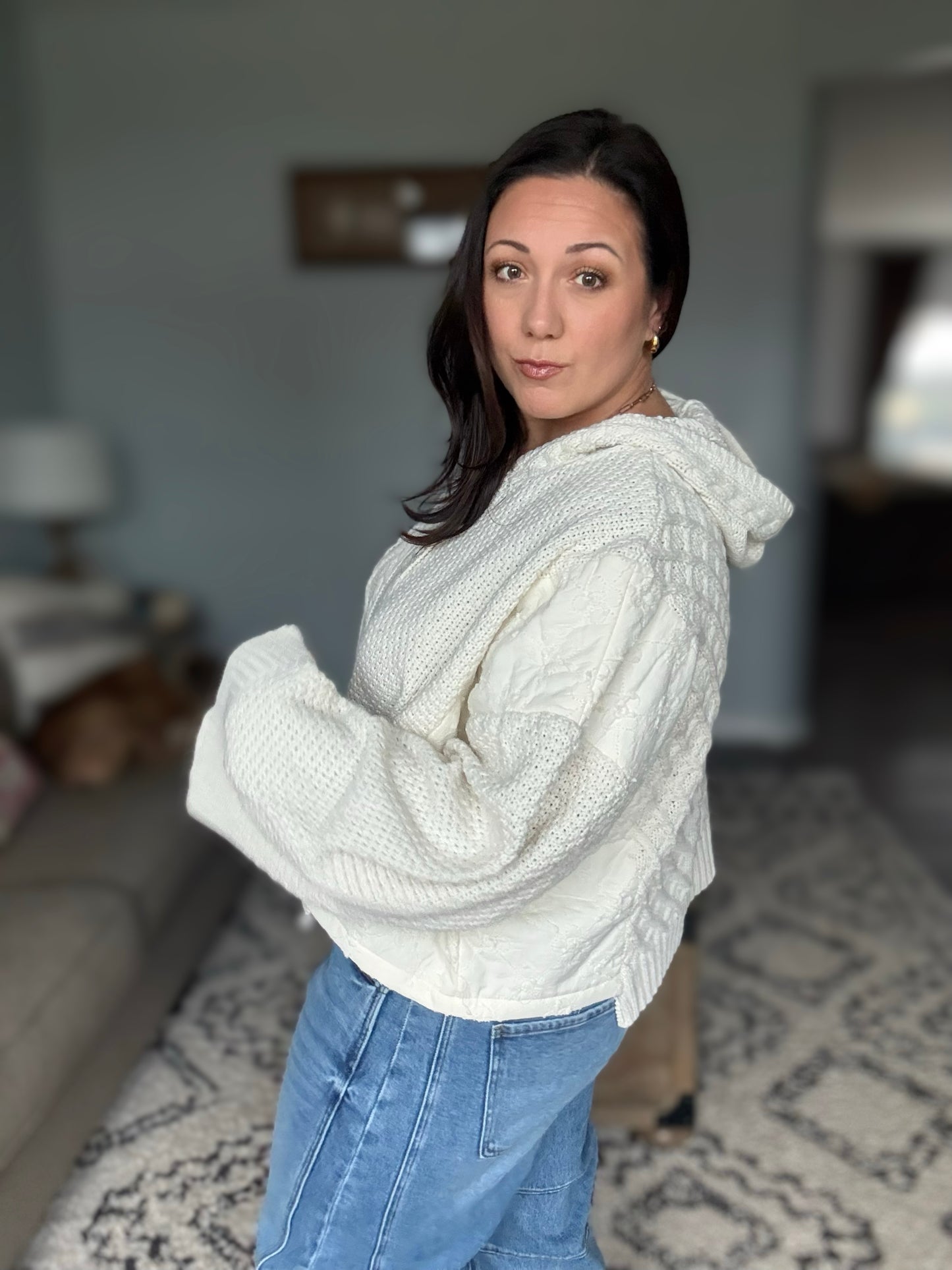 POL Cable-Knit Quarter Button Hooded Sweater