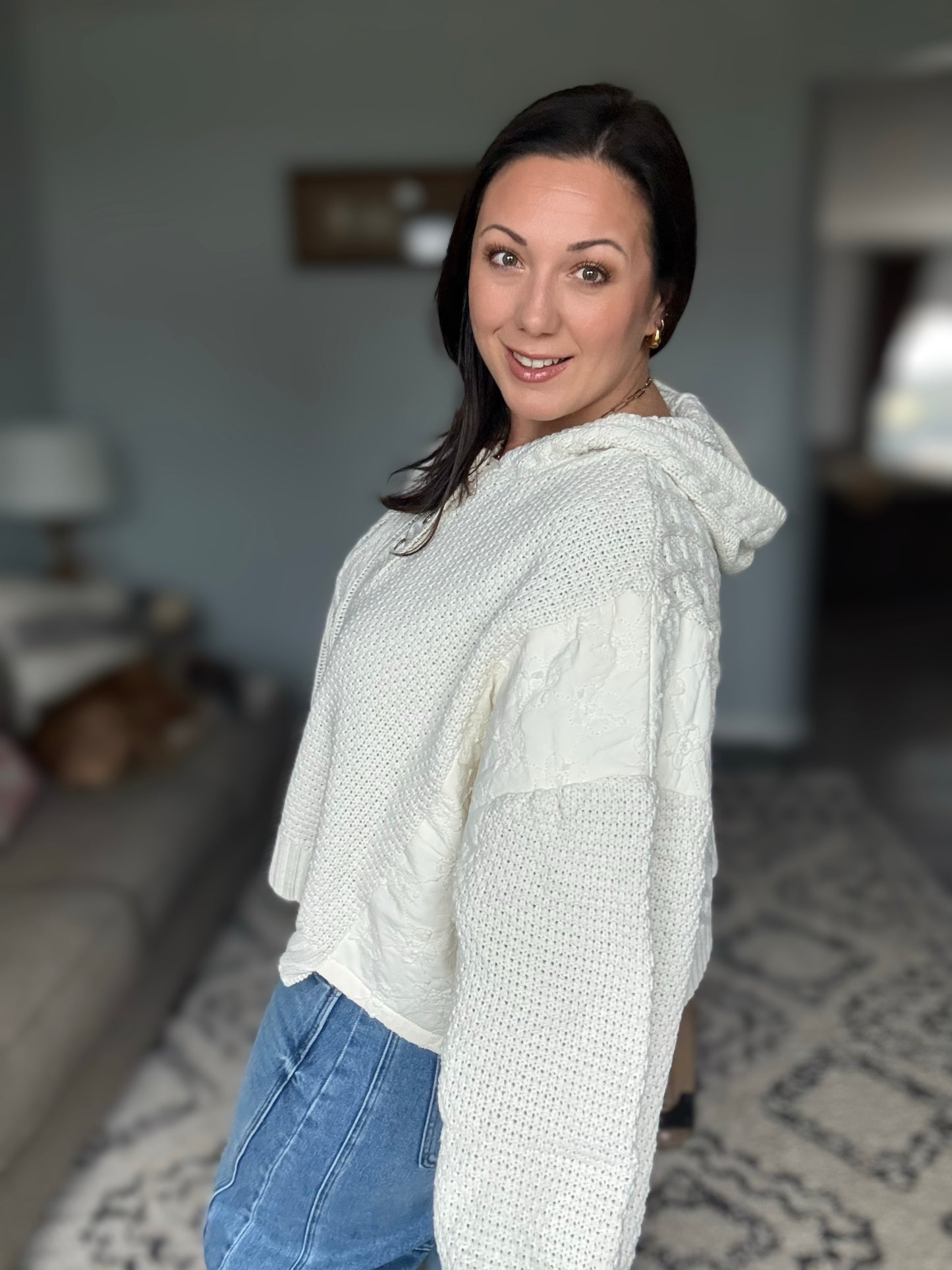 POL Cable-Knit Quarter Button Hooded Sweater