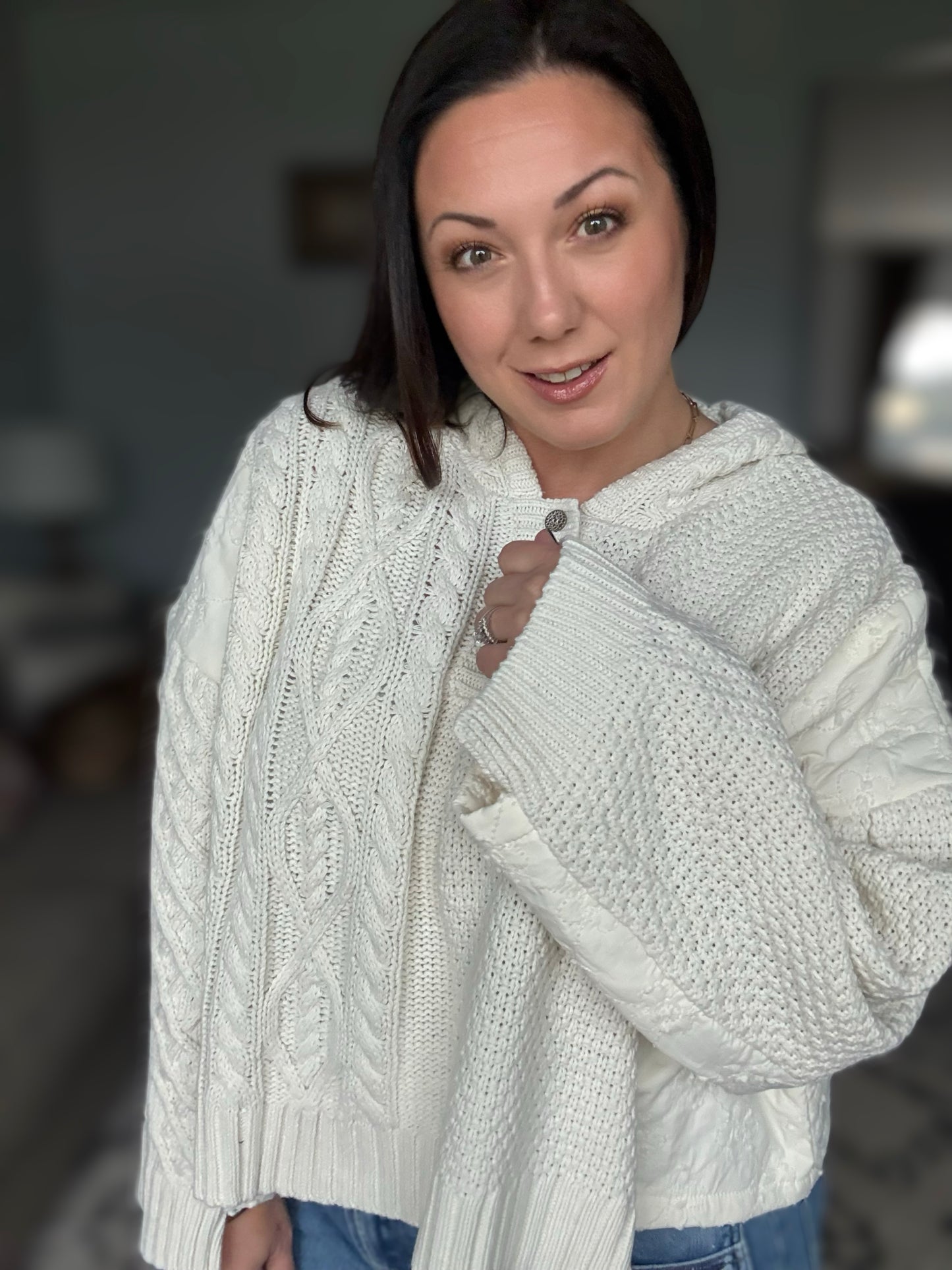 POL Cable-Knit Quarter Button Hooded Sweater