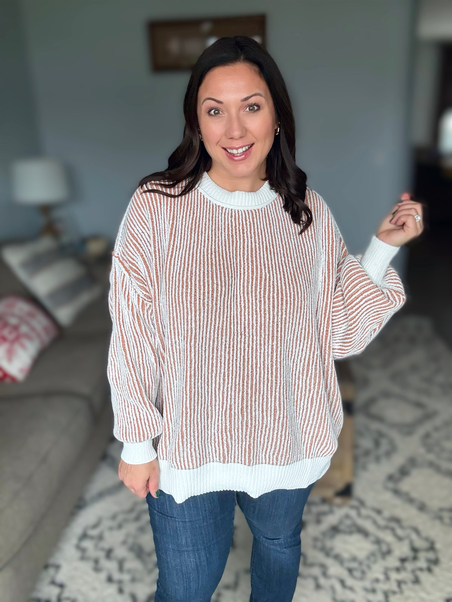 Least High Maintenance Contrast Trim Sweater in Camel