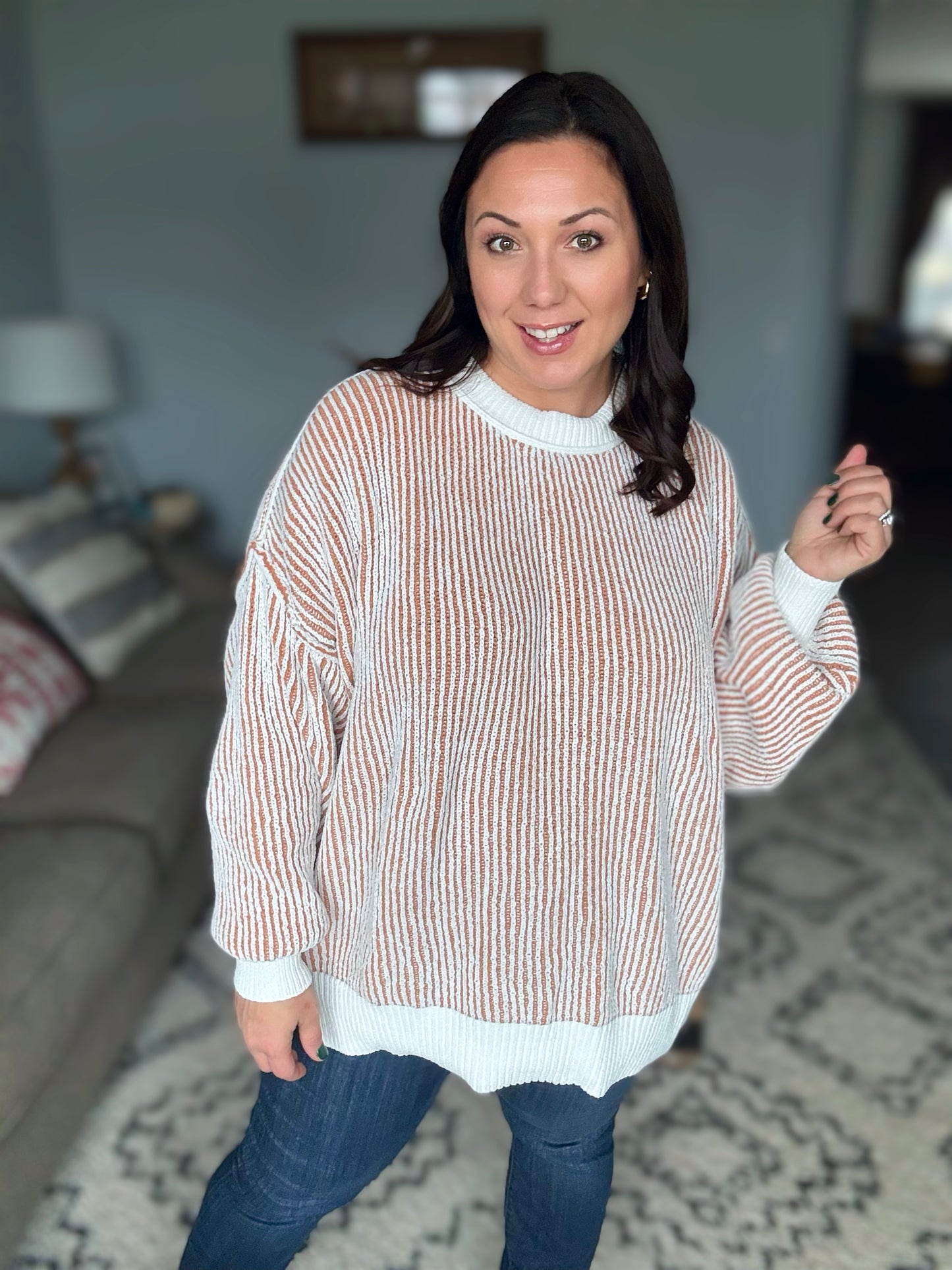 Least High Maintenance Contrast Trim Sweater in Camel