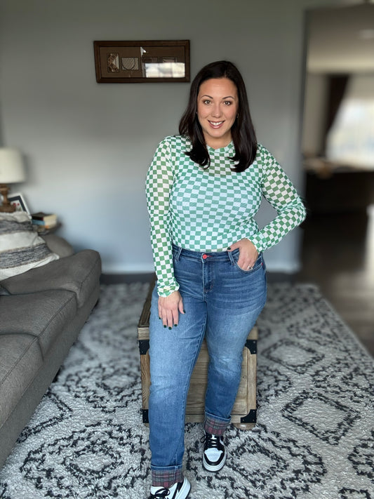Judy Blue Plaid Cuff Straight Leg Jeans with Red
