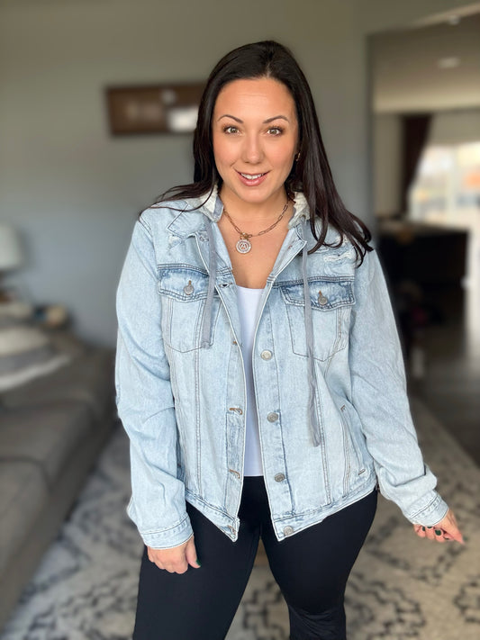 RISEN Distressed Denim Jacket with Removable Hood