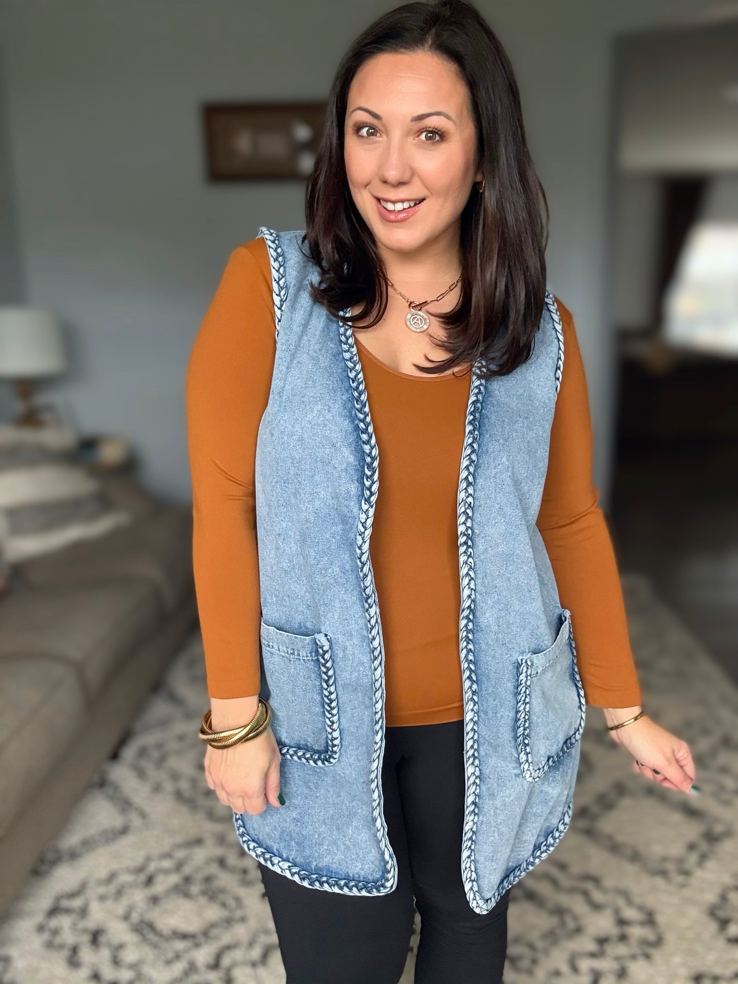 BiBi Braided Trim Open Front Denim Vest with Pockets