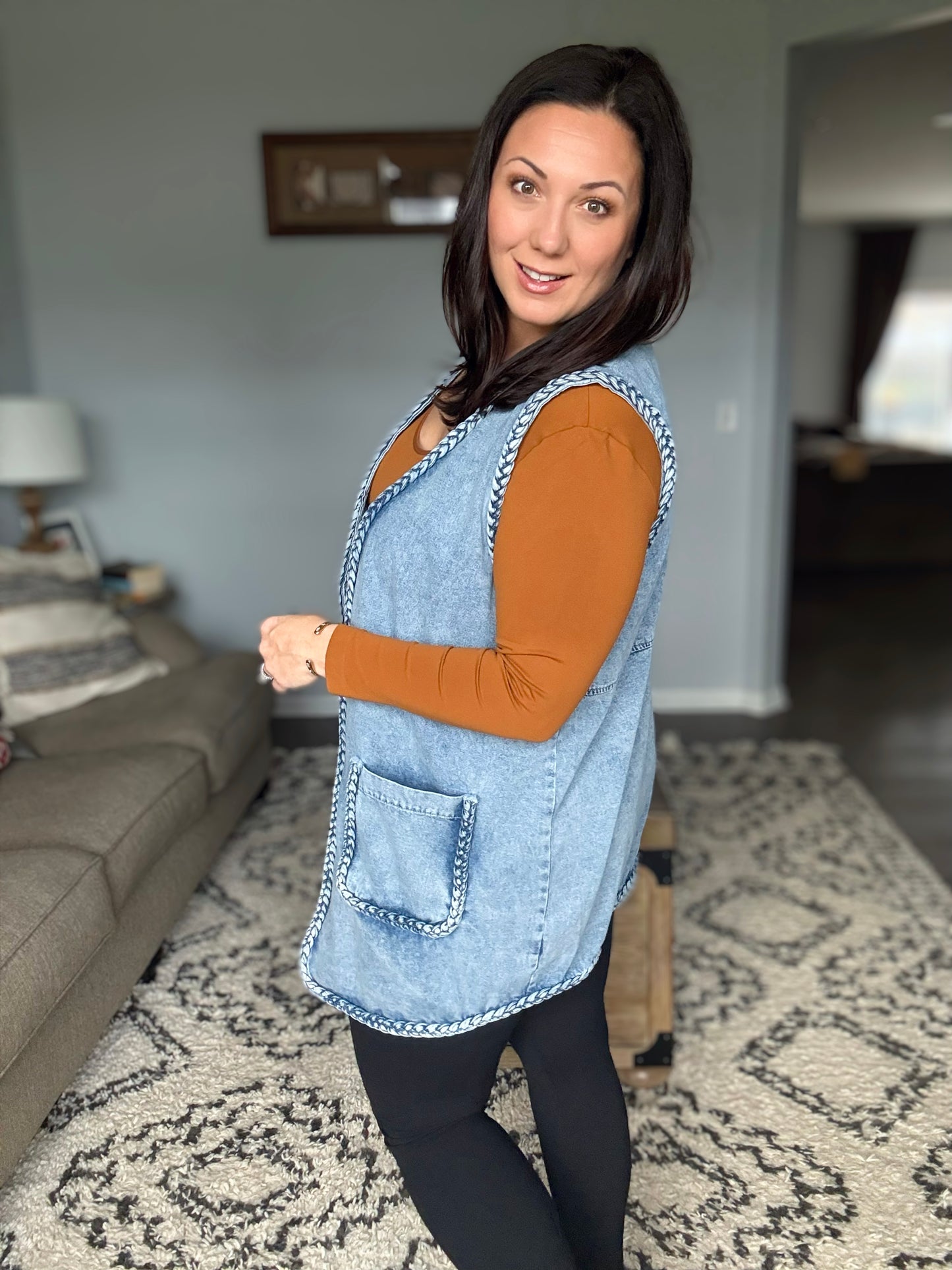 BiBi Braided Trim Open Front Denim Vest with Pockets