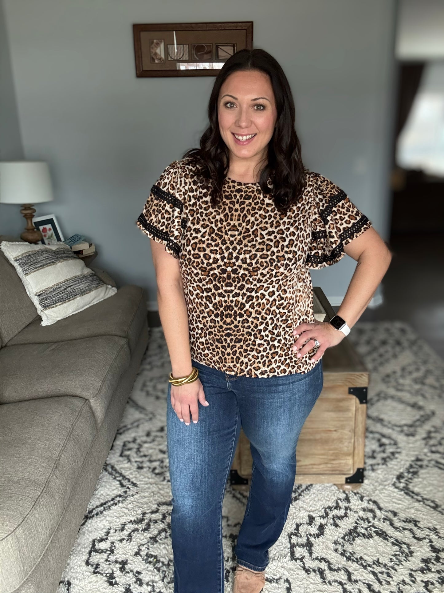 BiBi Leopard Crochet Trim Round Neck Short Sleeve Top