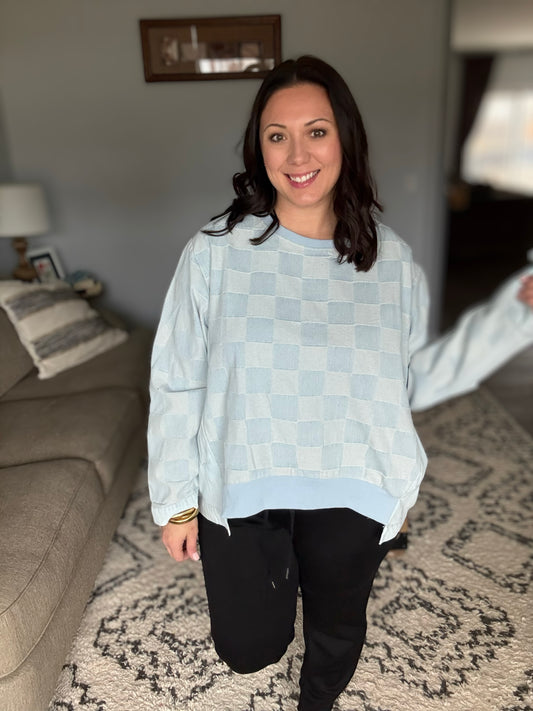 BiBi Mineral Washed Checkered Denim Pullover