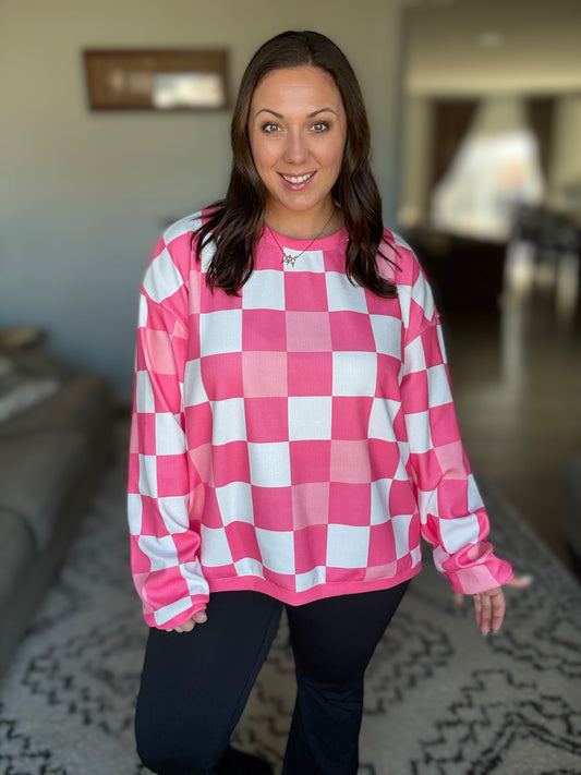Girl Code Couture Pink Checkered Chenille Cotton Corded Crew Pullover